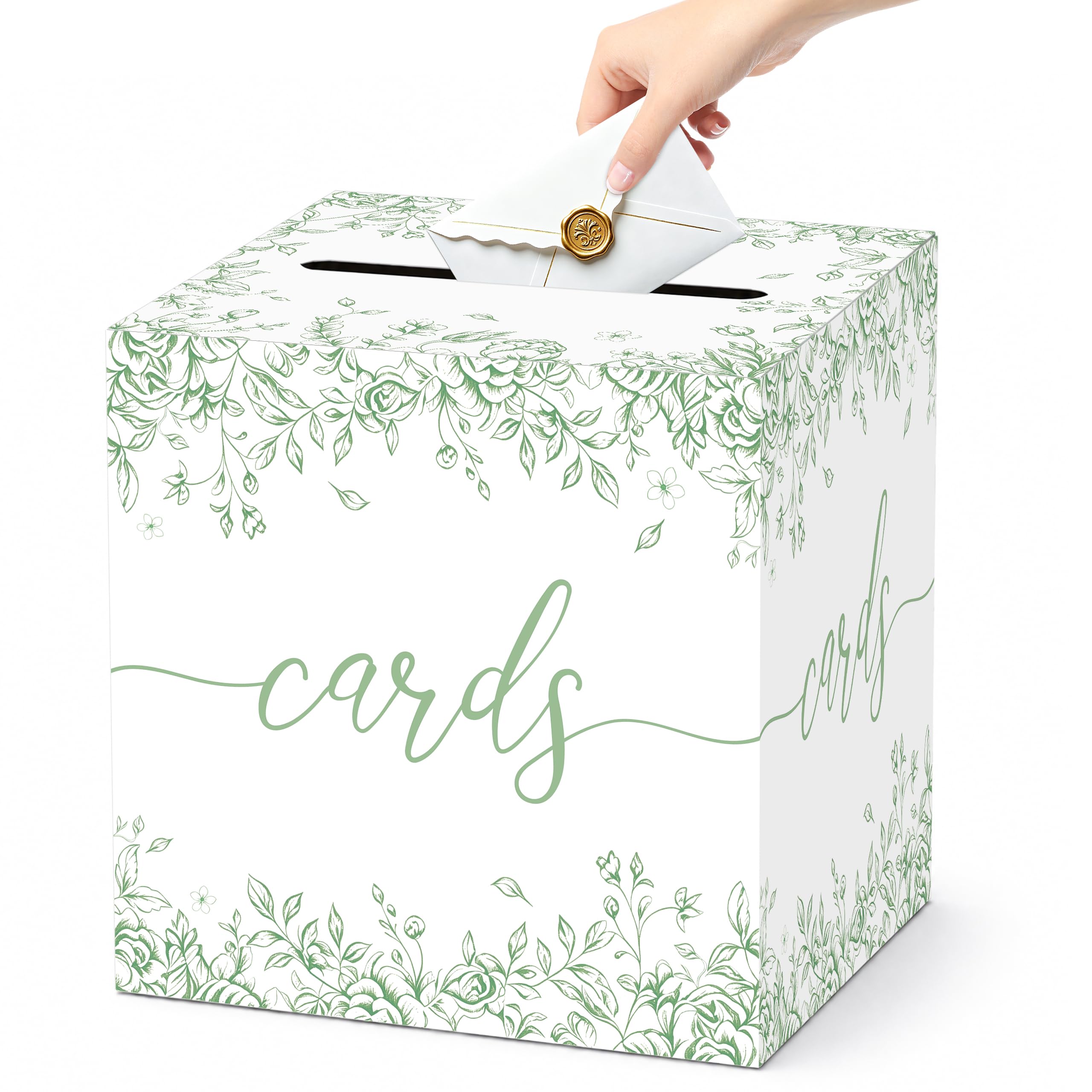 Sage Green Floral Wedding Card Box with Slot for Baby Shower and Birthday