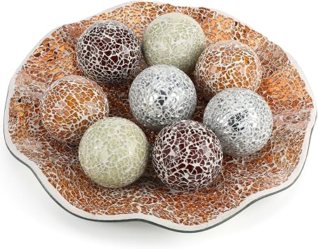 Suclain Centerpiece Bowl and Decorative Balls Set 8 Pcs Table Mosaic Plate with 2.4 Inch Glass Mosaic Orbs Glass Turquoise Tray and Spheres for Centerpiece Table Home Vases DecorKhaki Light Brown