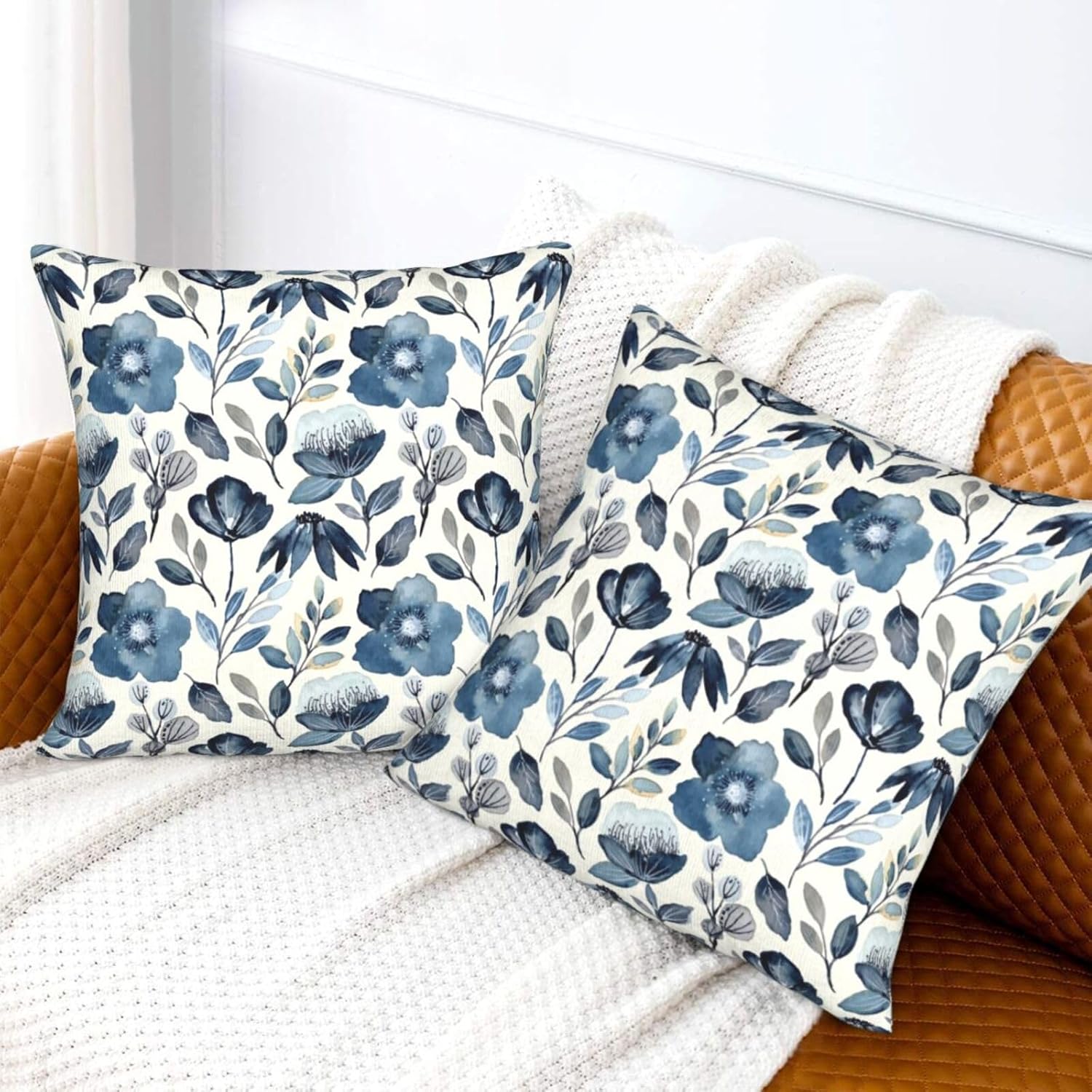 Blue Floral Pillow Covers 18x18 Inch Set of 2 Navy Blue Floral Throw Pillow Cover Chinoiserie Flowers Square Pillowcase Cushion Cases for Home Couch Bed Sofa - Image 7