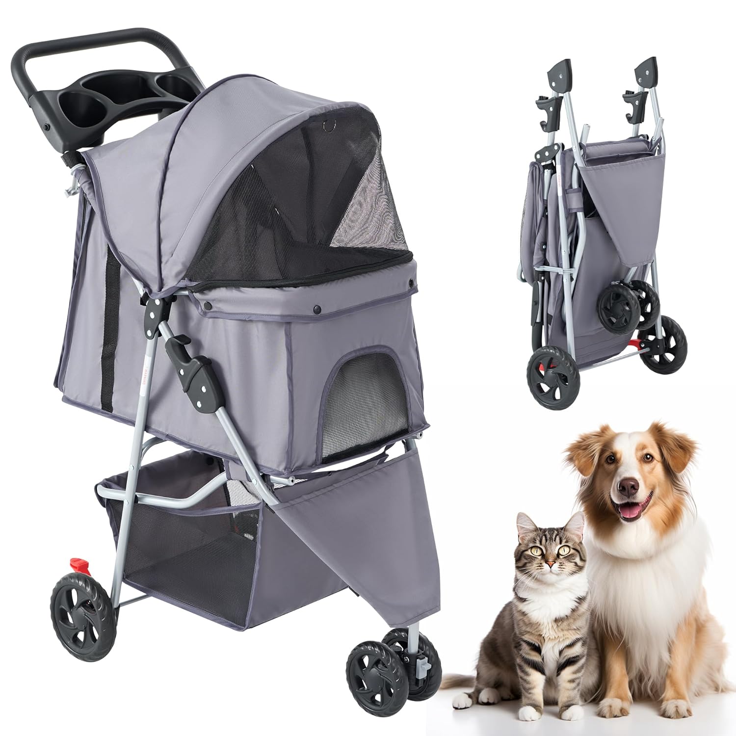 3 Wheel Pet Stroller for Dogs and Cats, Foldable, Lightweight and Durable, Ideal for Small to Medium Pets, Includes Storage Basket and Cup Holders
