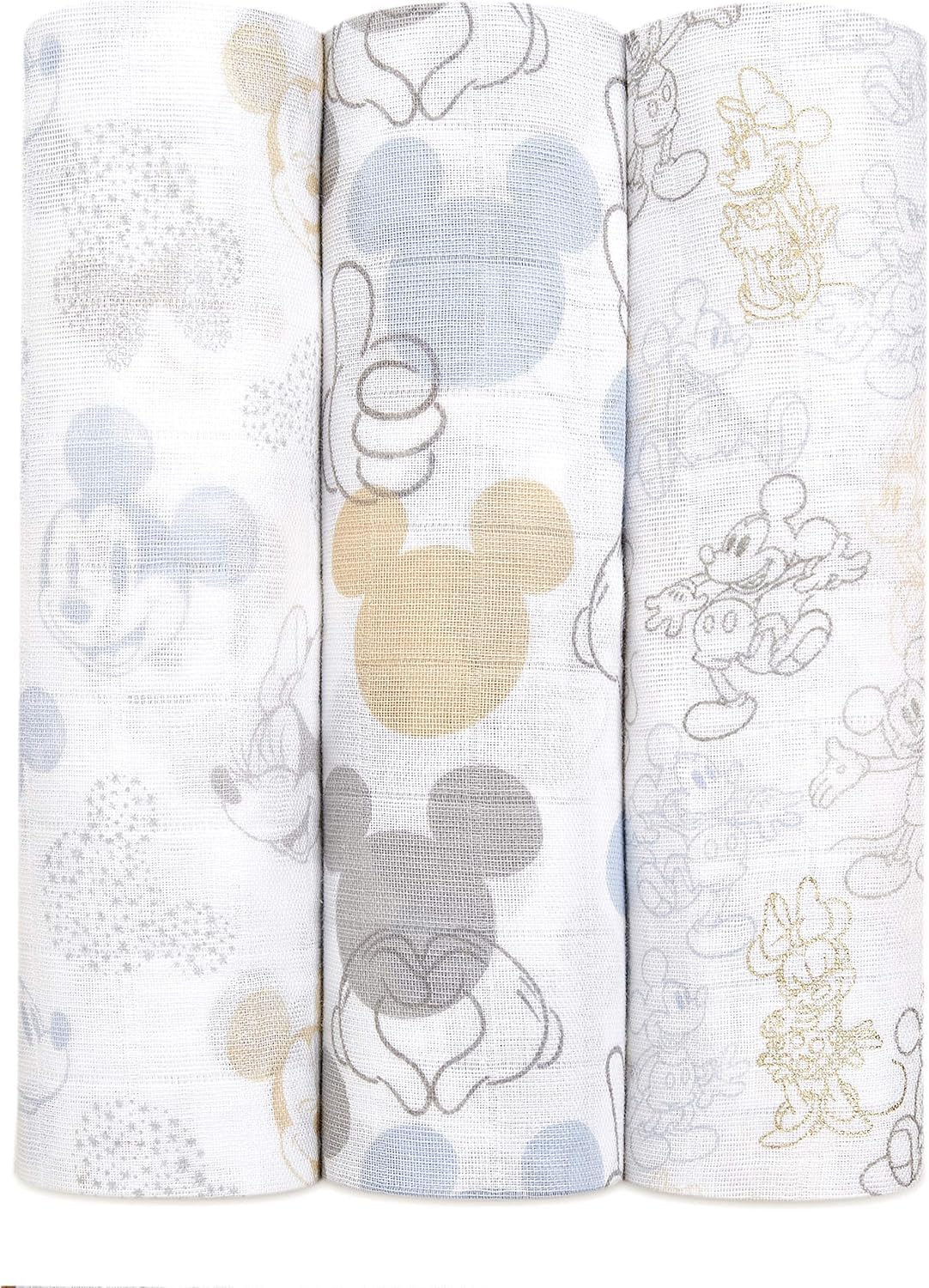 aden + anais 3 Maxi-Langes Grand Format prélavés en Mousseline de Coton métallisée, Couverture Douce et légère, Allaitement, Garçon, Fille, Lot de Trois, 120cm x 120cm, Imprimé Mickey + Minnie