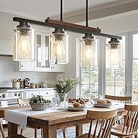 Vista 1 de Amico Dining Room Light Fixture 4-Light Kitchen Island Lighting with Adjustable Rods, Farmhouse Decor Black Metal & Wood Chandelier with Seeded