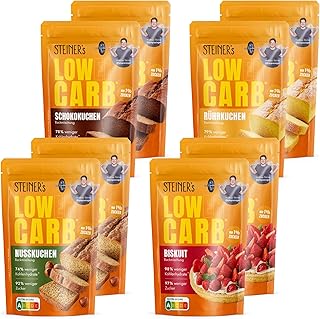 STEINER´s Low Carb Back Box groß | 78–98% weniger Kohlenhydrate | Schokoladenkuchen, Rührkuchen, Nusskuchen & Biskuit | Glutenfrei, ballaststoffreich & kalorienreduziert | 8er Set – je 2x pro Sorte
