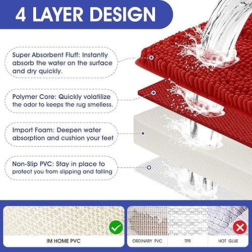 Miniatura 5 de ACCUMTEK Juego de alfombras y tapetes de baño ultrasuaves a rayas rojas, juego de 3 piezas, alfombras de baño de felpilla gruesa antideslizantes