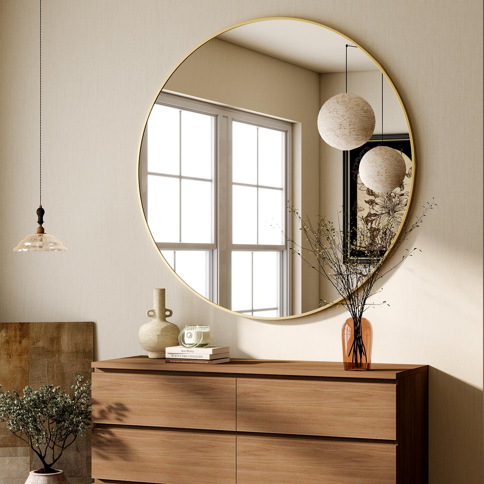 BEAUTYPEAK Round Mirror, 90cm Wall Mirror with Aluminium Alloy Frame, HD Glass that can be Hung, Suitable for Home Decor, Bathroom and Dressing Table, Gold