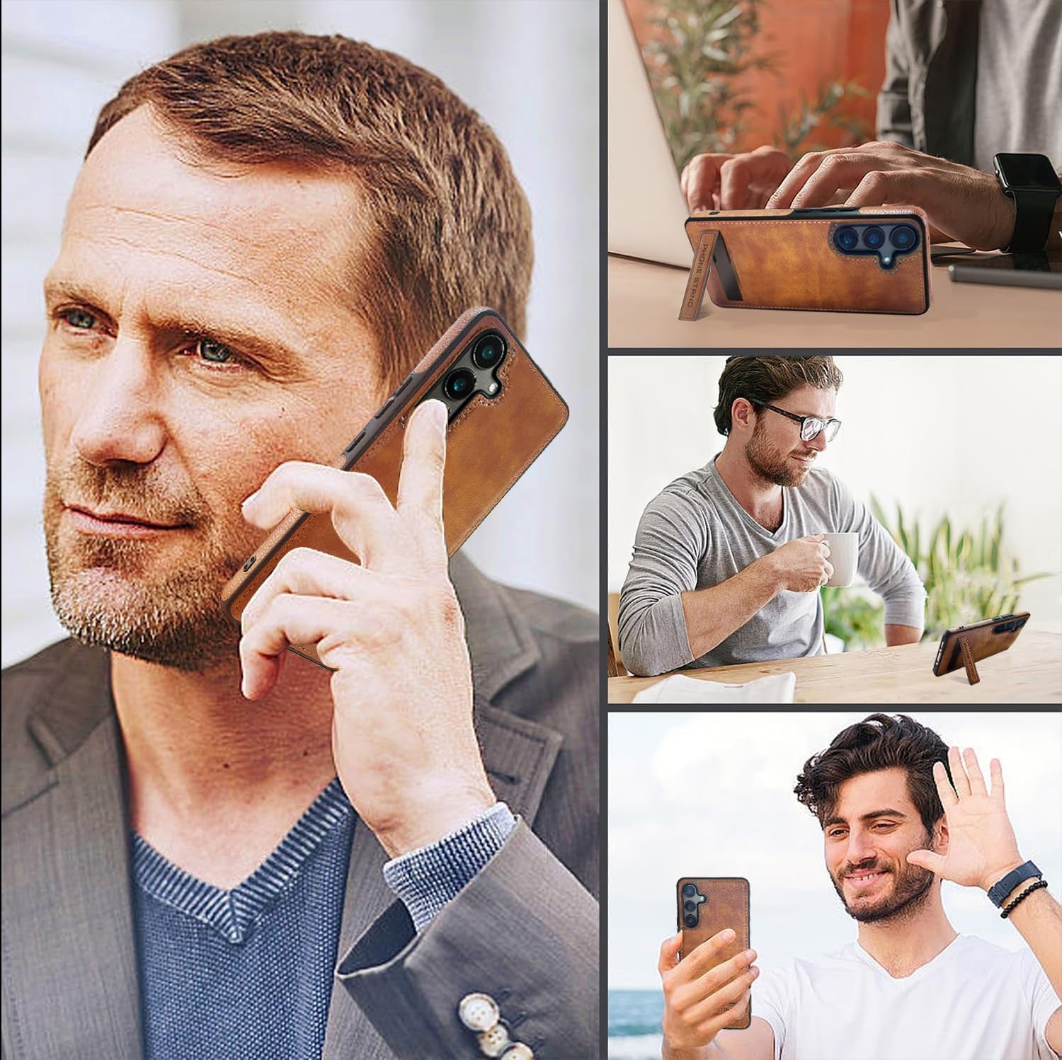 Leather Case with Stand for Samsung Galaxy S25 Plus Case, Protective Soft Grip Luxury Cover for Men, Protective Slim Kickstand Shockproof Phone Cases Compatible with S25 Plus 6.7", Brown - Image 6