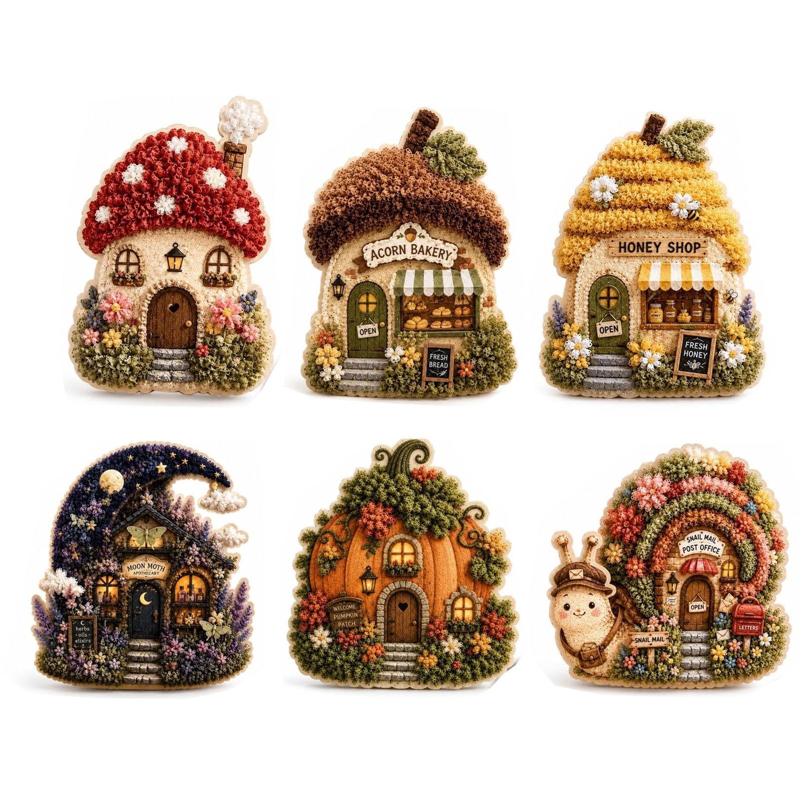 Kit per ricamo 3D Villaggio Incantato - Casetta con Funghi e Fiori (6Pcs) | Kit per ricamo fai da te con ago da punzonatura per adulti, grazioso kit decorativo, accogliente regalo in stiles