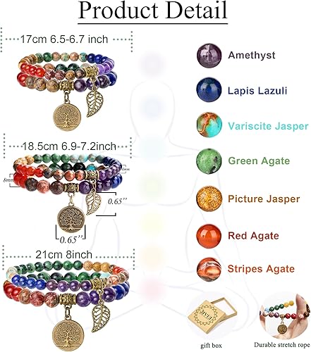Miniatura 6 de Bivei Natural Semi Precious Gemstone beads bracelet for women - Tree of Life and Leaf Charm Energy Healing Reiki Crystal Stretch Bracelets