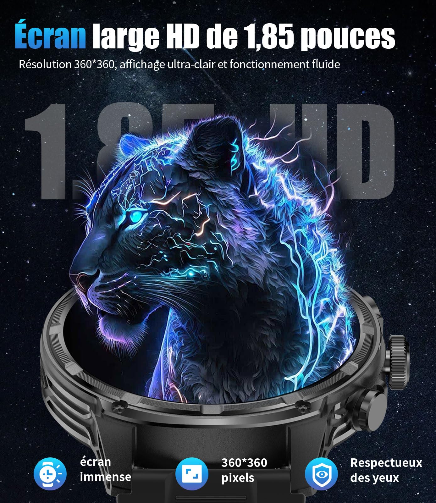 Montre Connectée Homme, Smartwatch Homme LED Lampe 1,85'' Écran HD Longue Autonomie, Montre Intelligente Santé Cardiaque Sommeil Tension Artérielle 120+ Modes Sportifs