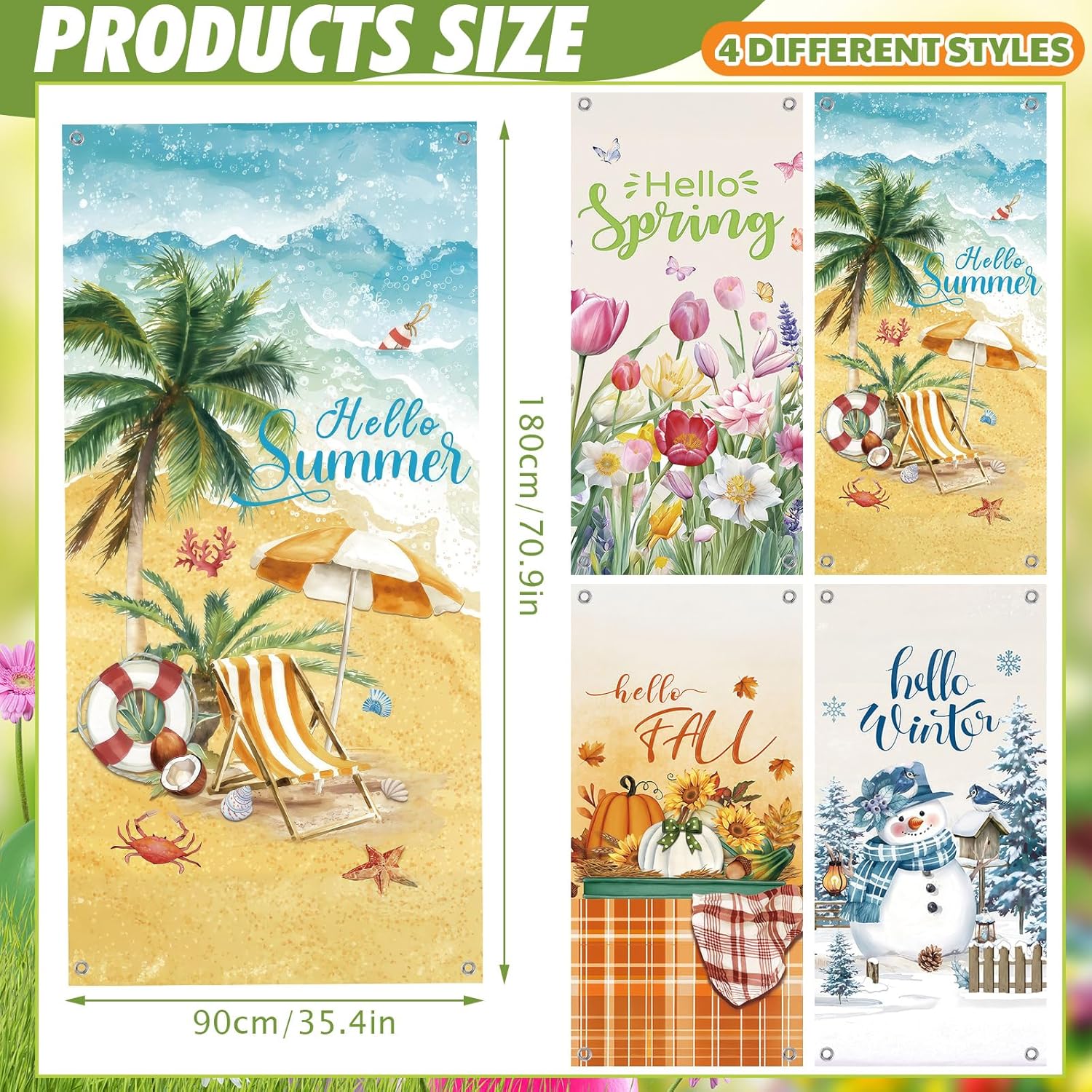 4 Pcs Seasonal Door Cover Decorative Hello Summer Door Cover Decoration Interchangeable Holiday Background Banner for Spring Summer Autumn Winter Outdoor Indoor Party Decoration