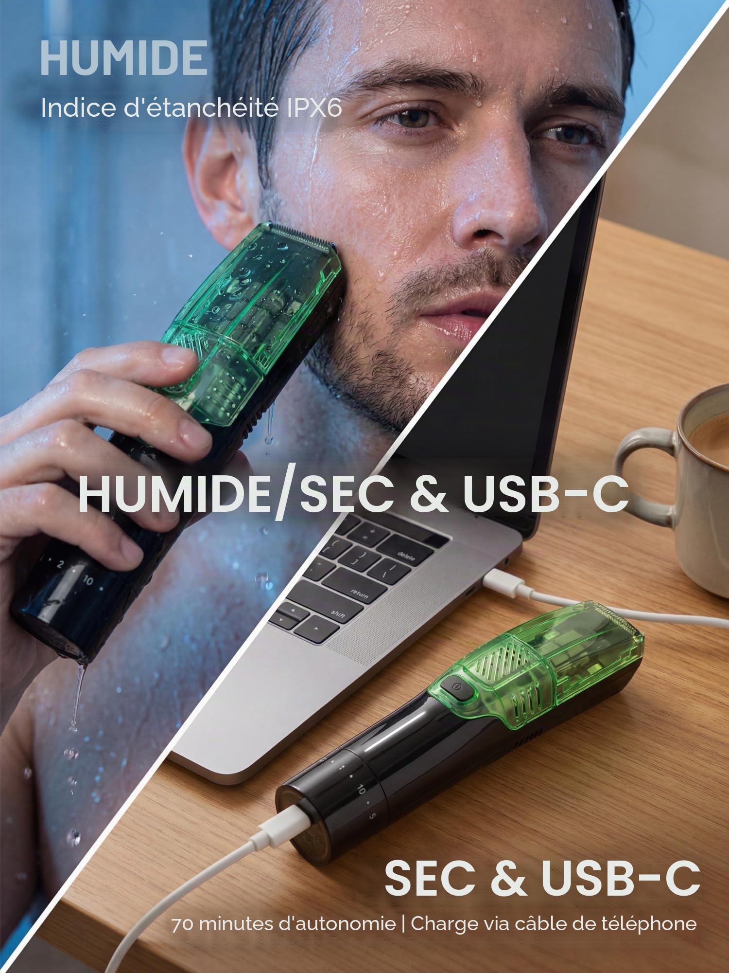 Tondeuse à barbe pour homme – 2 vitesses d'aspiration et puissance réglables, IPX6 étanche humide/sec, sans fil, 40 réglages de longueur (0,5 à 20 mm), charge rapide USB-C, bac magnétique facile à