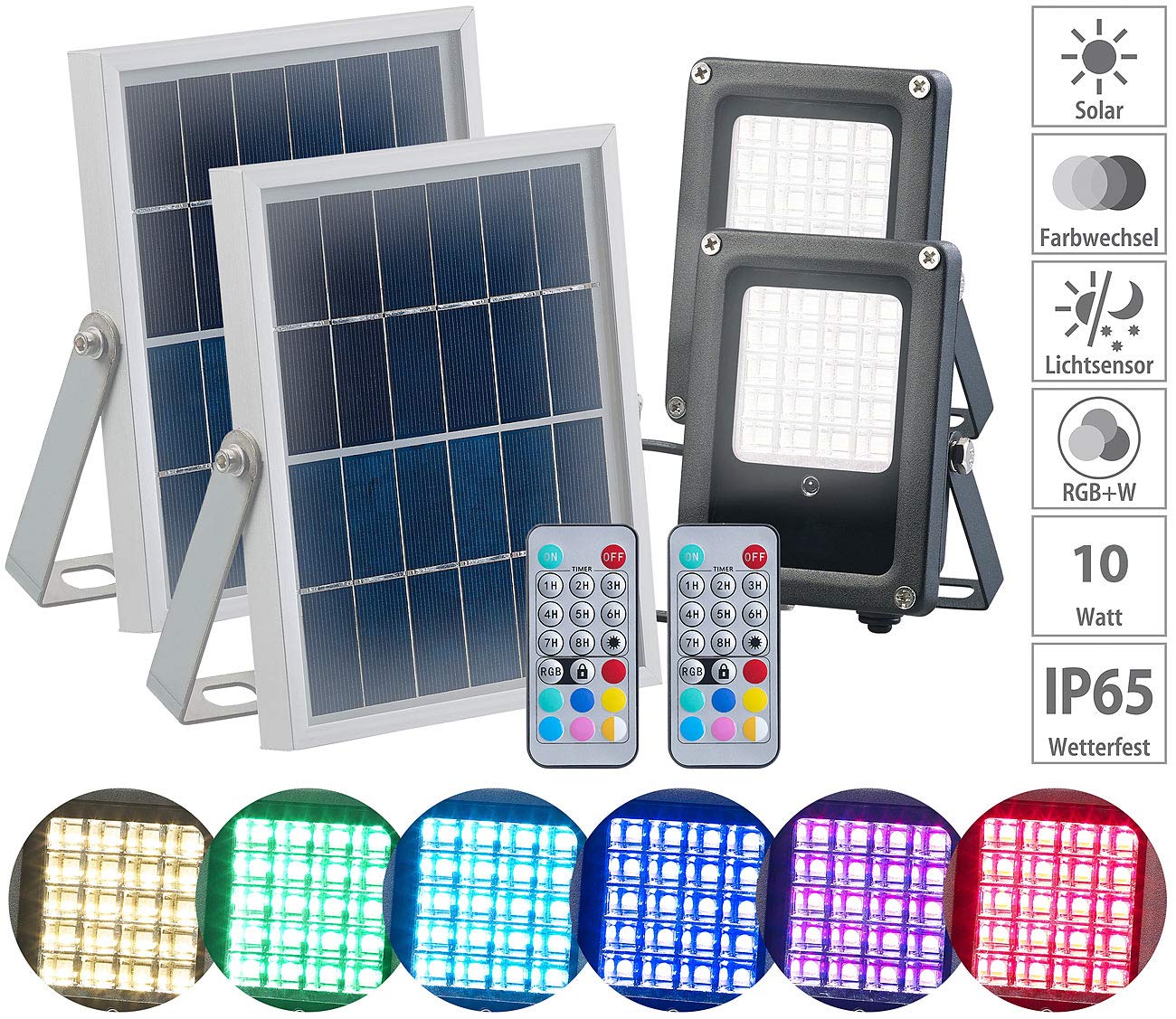 Luminea foco LED solar para exterior: Juego de 2 Proyector LED solar, para exteriores, RGBW, Sensor de crepúsculo (lámpara con mando a distancia, foco con mando a distancia)
