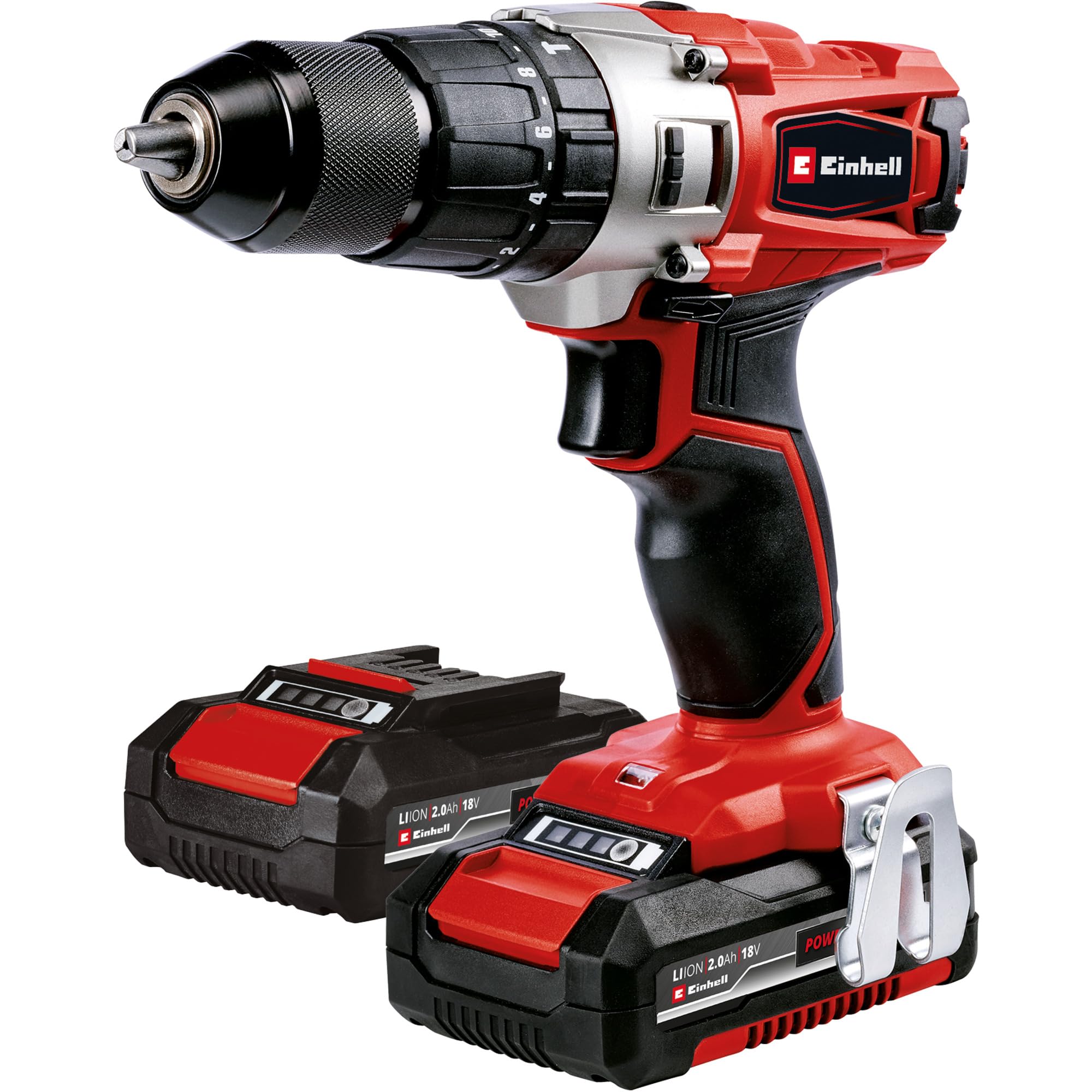 Akumulatorowa wiertarko-wkrętarka Einhell TE-CD 18/2 Li +64 (2x2,0 Ah) Power X-Change (18 V, 44 Nm, 2-bieg. przekładnia, w tym 2x 2,0 Ah akumulator, szybka ładowarka i 64-cz. zestaw akcesoriów)