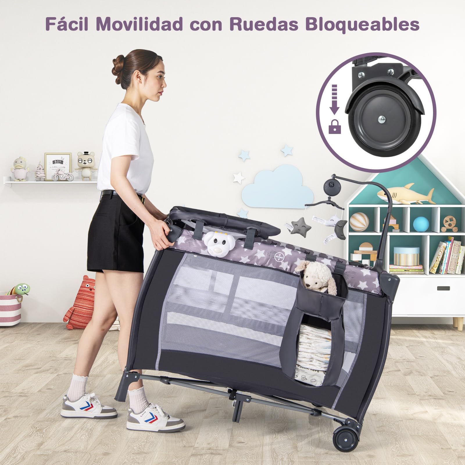 COSTWAY Cuna Bebe 3 en 1 con Cambiador de Pañales, Parque Infantil Portátil con Moisés Desmontable, Cuna de Viaje Plegable con Barra de Juguetes Giratoria, Colchón, Bolsa de Transporte (Natural)