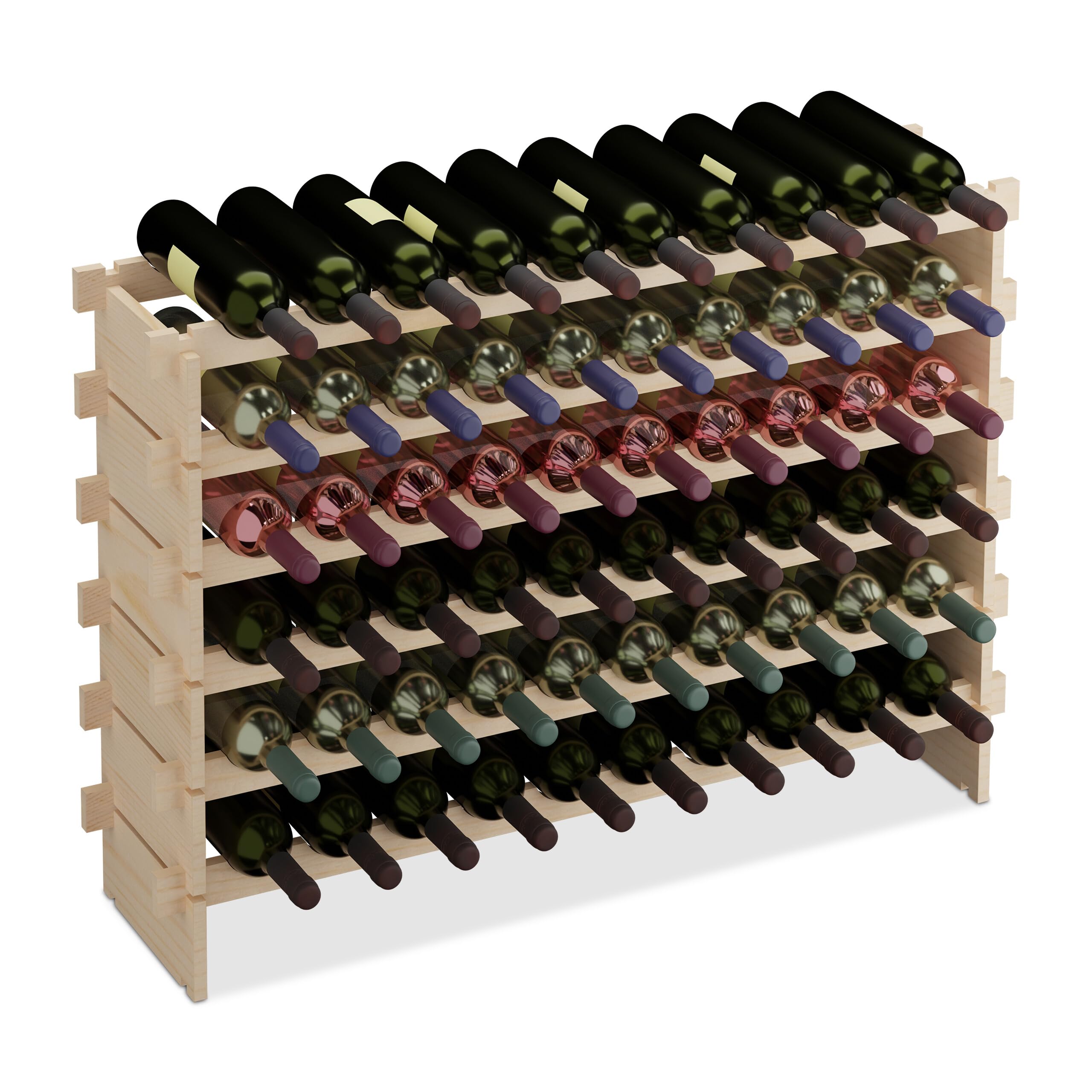 Relaxdays Wine Rack, for 60 Bottles, Stackable, HWD: 73x103x25 cm, Extendable, Horizontal Storage, Pine Wood, Natural