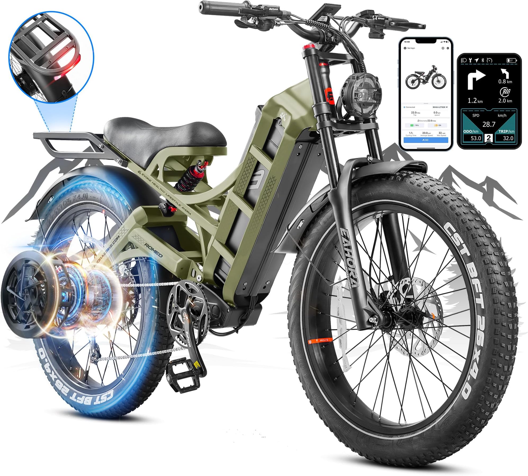 Romeo Pro/Ⅱ 60Ah Peak 1600W/Dual Motor 2500W/3000W Electric Bike for Adults, 200 Miles Long Range Ebike Fat Tire Electric Bike, Full Suspension Electric Mountain Bike UL2849