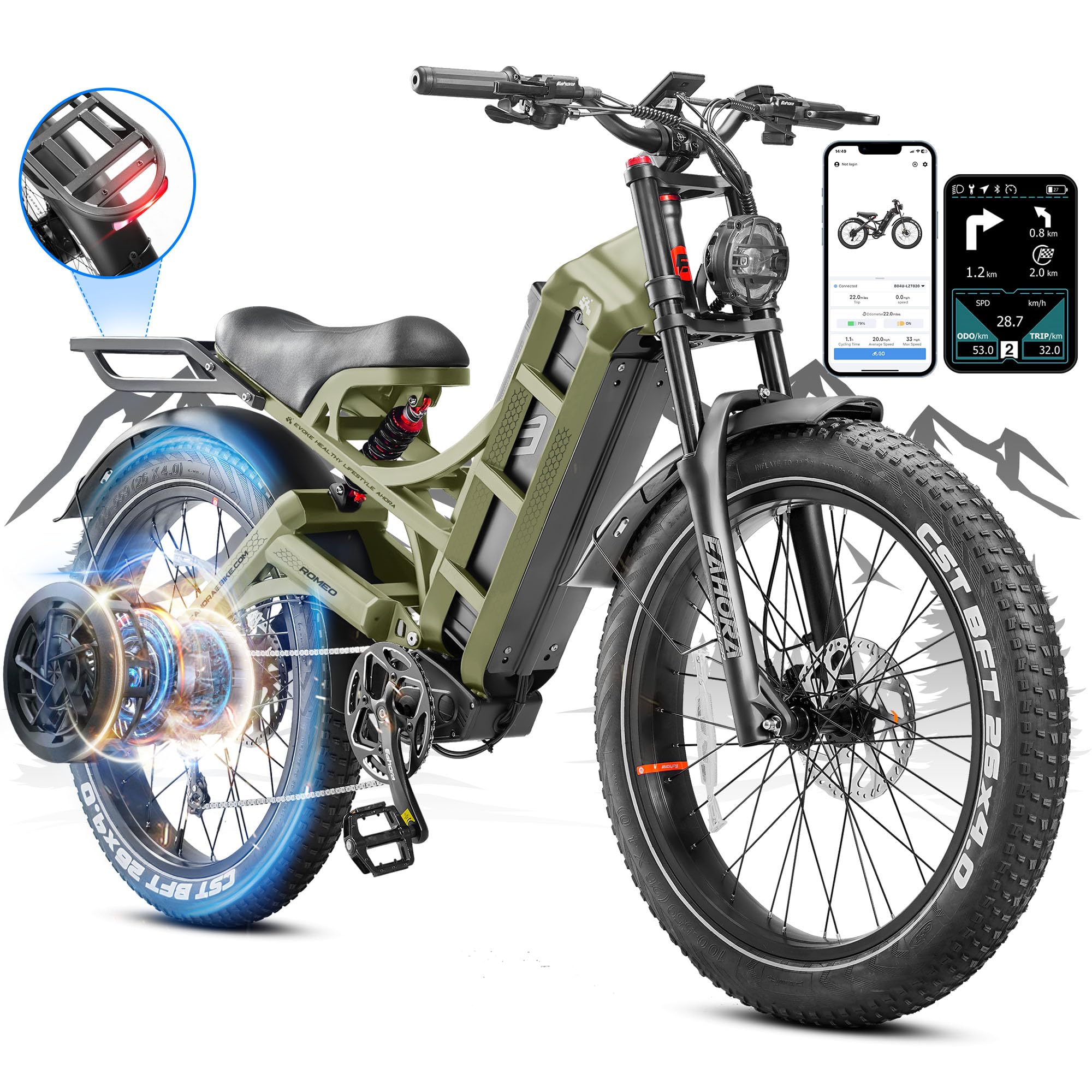 Romeo Pro/Ⅱ 60Ah Peak 1600W/Dual Motor 2500W/3000W Electric Bike for Adults, 200 Miles Long Range Ebike Fat Tire Electric Bike, Full Suspension Electric Mountain Bike UL2849
