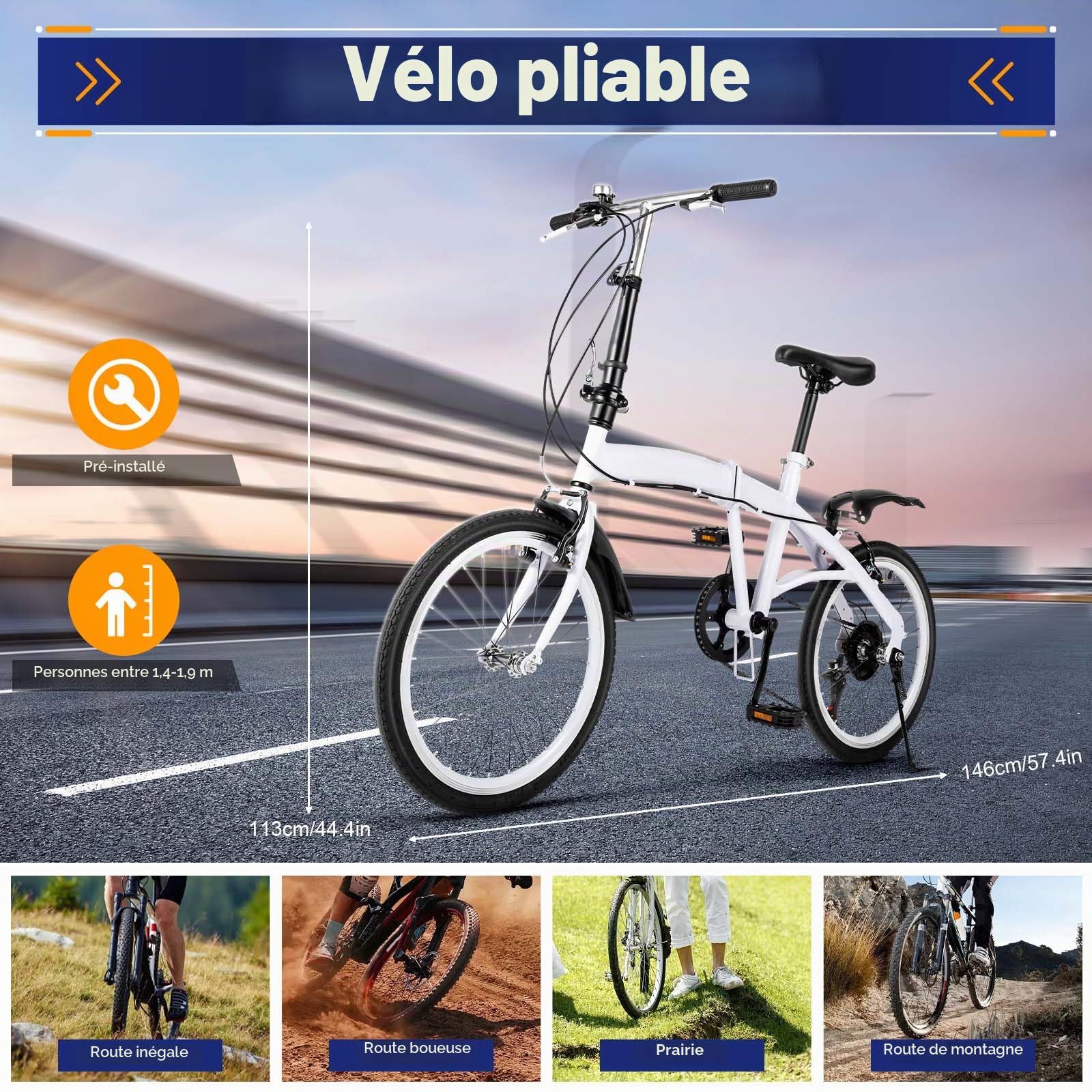 MccoMMon Vélo pliant 20 pouces pour adultes, 6 vitesses réglables, vélo de ville de camping, vélo pliant pour hommes et femmes, vélo de navette pour le plein air, blanc