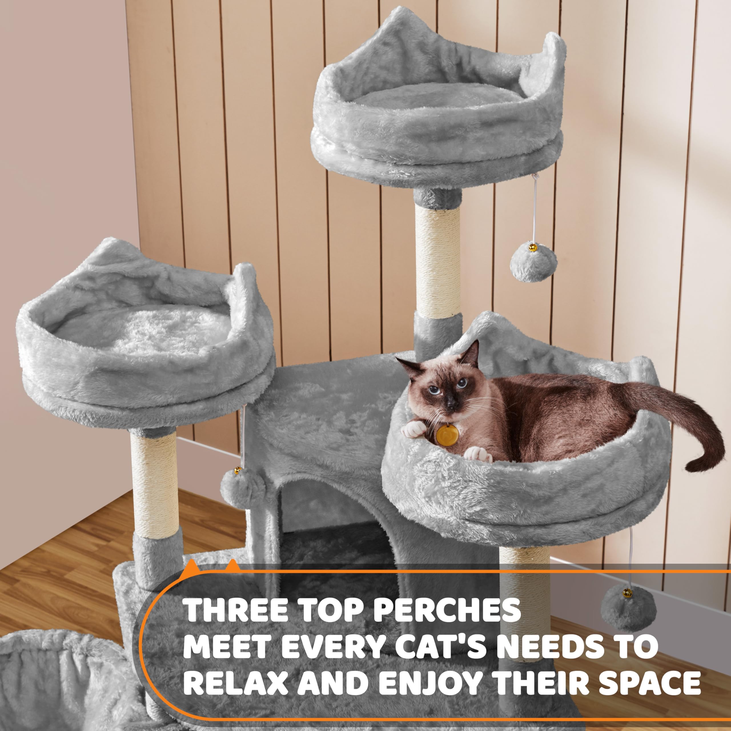 Yaheetech Árbol Rascador para 3-5 Gatos Adultos de Altura 175 cm Grande Torre para Gatos Mascota con 3 Plaraformas Gris Claro