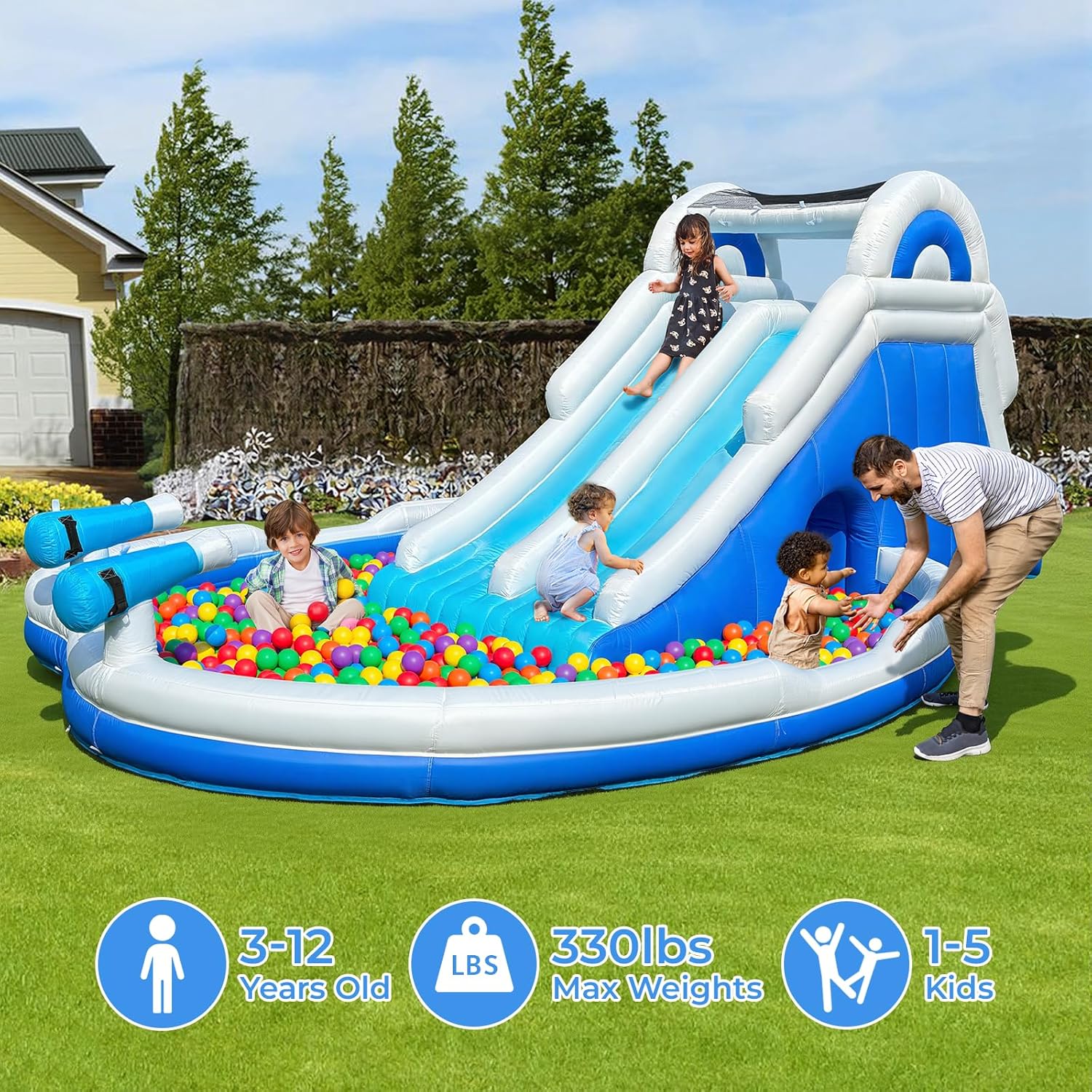 Water Dual Slide Kids Inflatable Water Park | Inflatable Double Slide and Splash Pool | Great for Kids Ages 5 and Up (Blue and White, 212.6x145.67x82.68 inch)