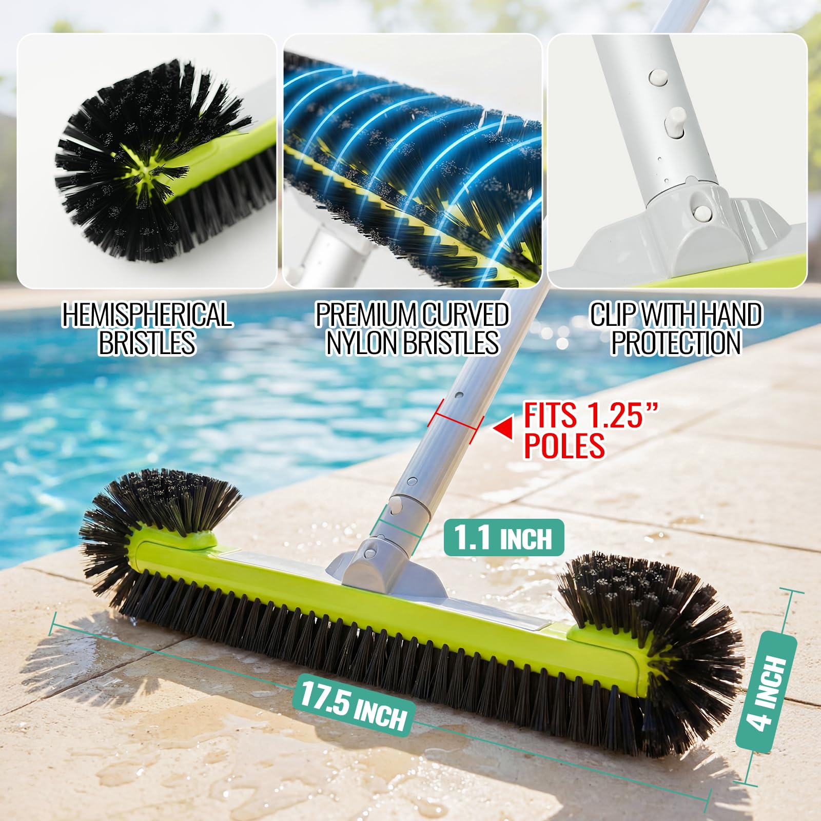 Cabezal de cepillo de piscina para limpiar paredes con cerdas hemisféricas, resistente para piscinas enterradas/sobre el suelo, cepillo para limpiar suelos de azulejos, piscinas de vinilo, fibra de