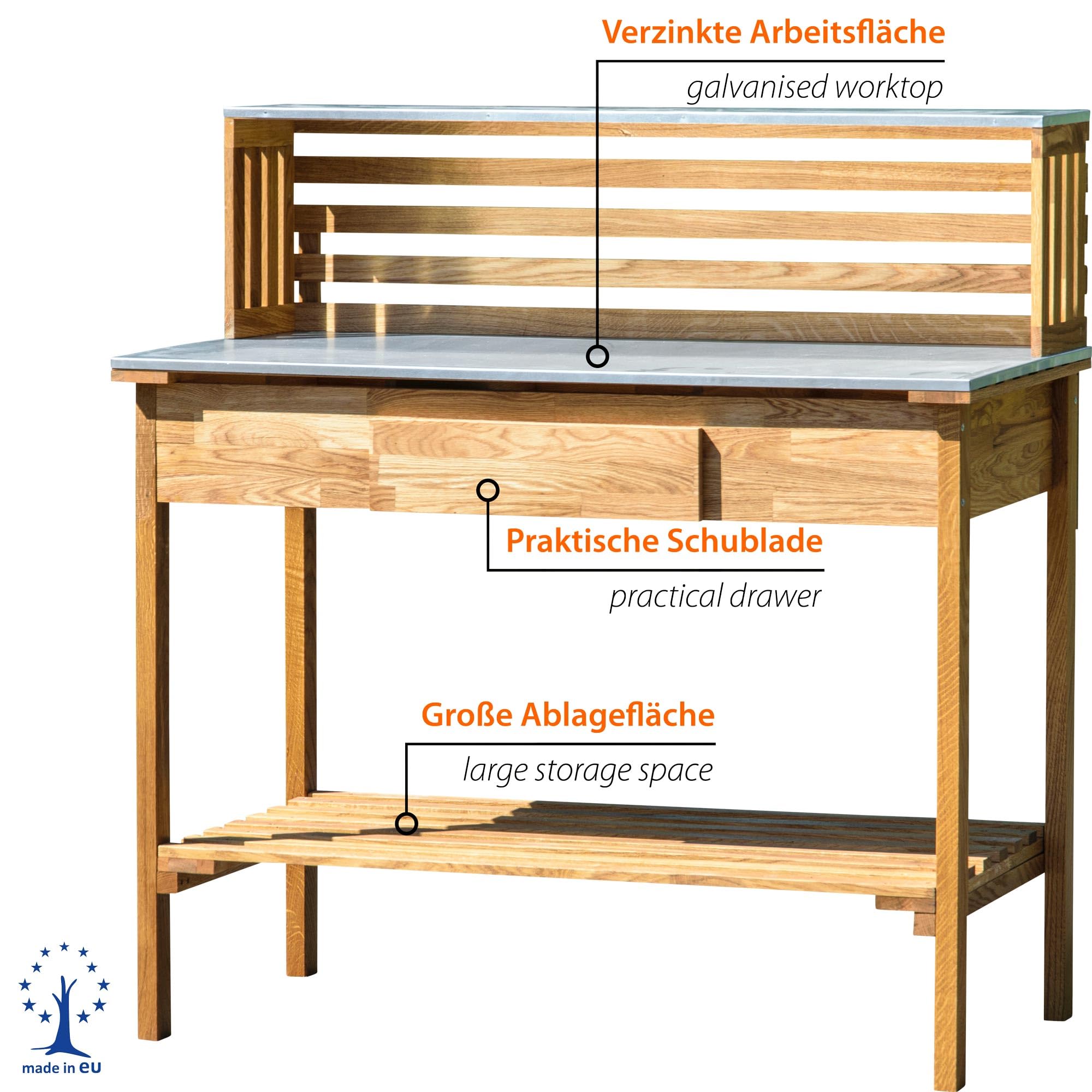 dobar® 29140FSCe XXL Premium Pflanztisch aus robustem Eichenholz | Gärtnertisch mit verzinkter Arbeitsfläche und Ablage | Wetterfester Outdoor Umtopftisch | 117 x 62 x 124 cm | Natur