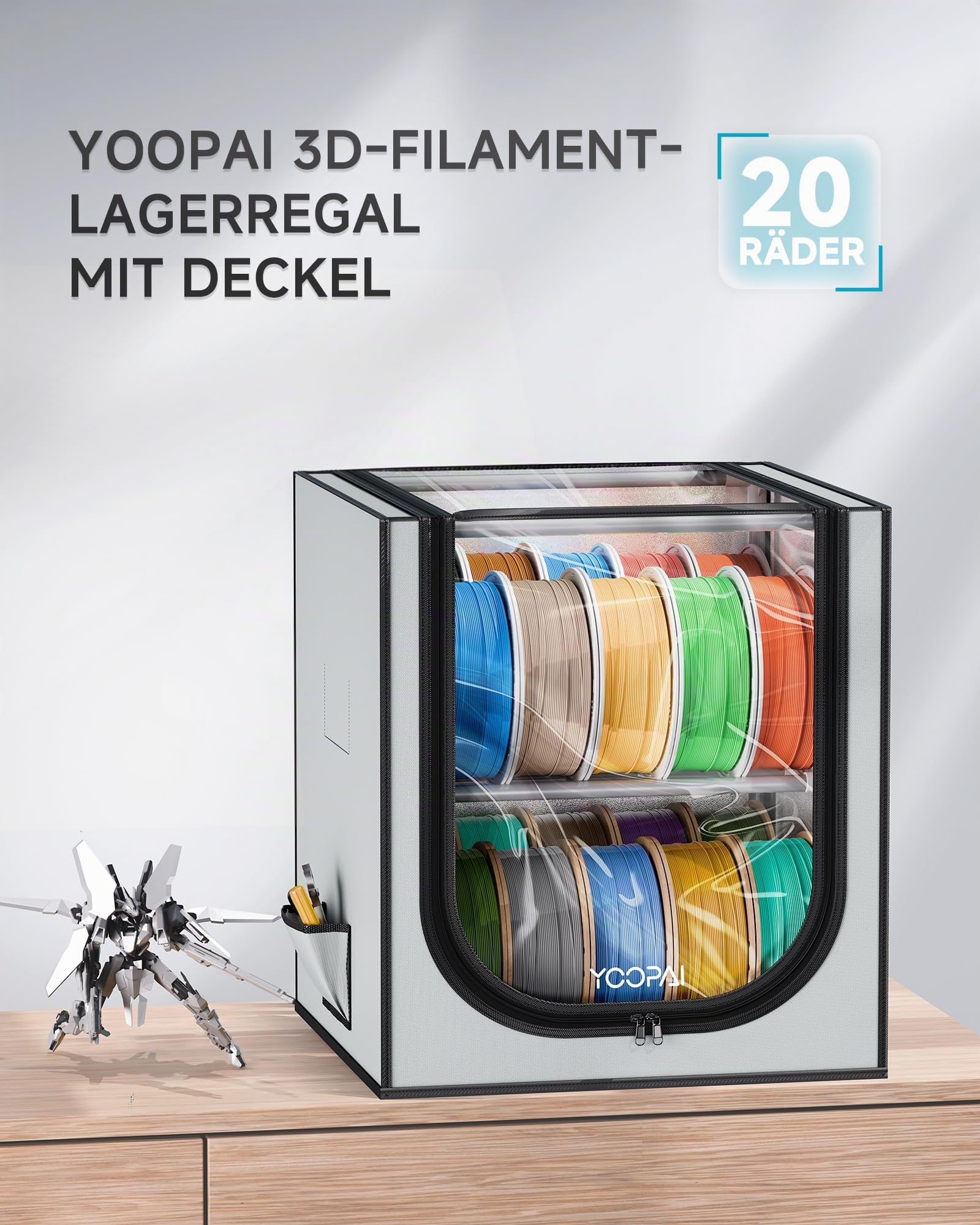 YOOPAI Filament Aufbewahrungsbox, 2-stöckiges Metall Regal mit robuster Abdeckung & Trockenmittel – Für 24 Rollen (PLA, ABS, PETG, TPU), stabil & platzsparend für Werkstatt & Heim