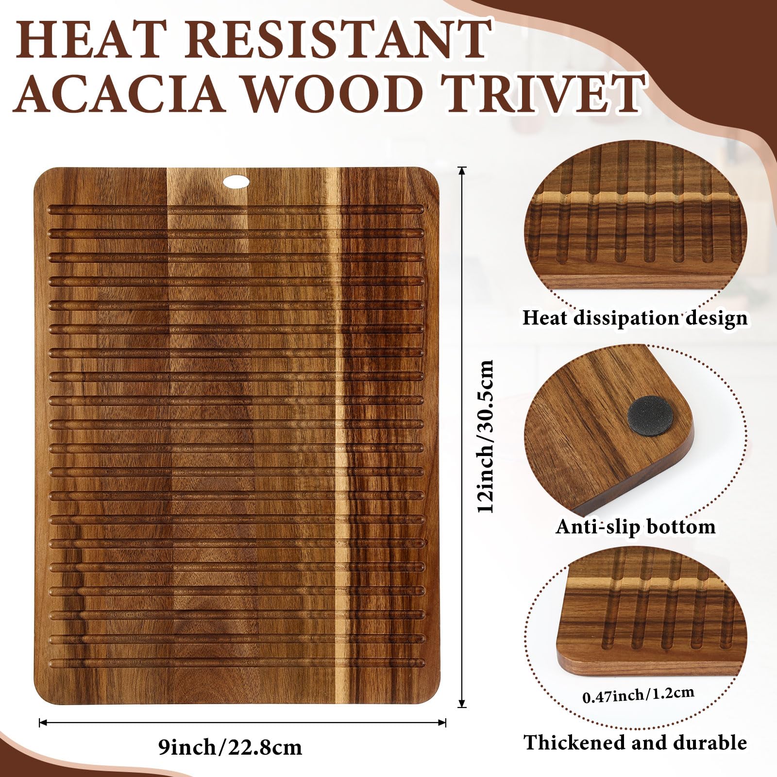 Salvamanteles de madera de acacia de 40,6 x 30,5 cm, almohadillas gruesas resistentes al calor, almohadillas antideslizantes para mesa, encimera, platos calientes, soporte para ollas, teteras