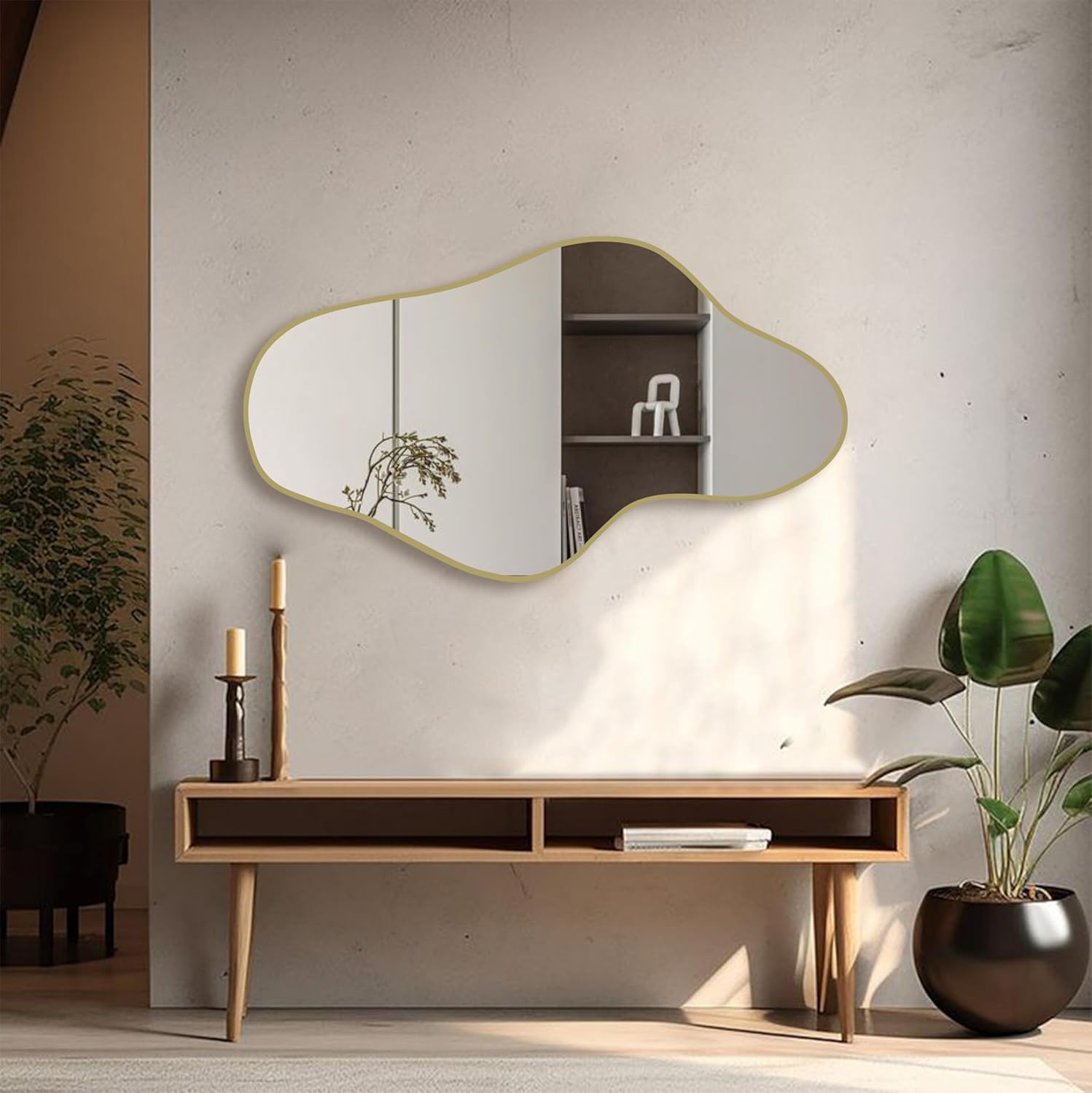 Mirror Full Length - Wall Mirrors Decorative Asymmetrical Wood Frame for Bathroom, Bedroom, Living Room, Cloakroom, Entryway (Brass, 15.7" x 27.5" in)