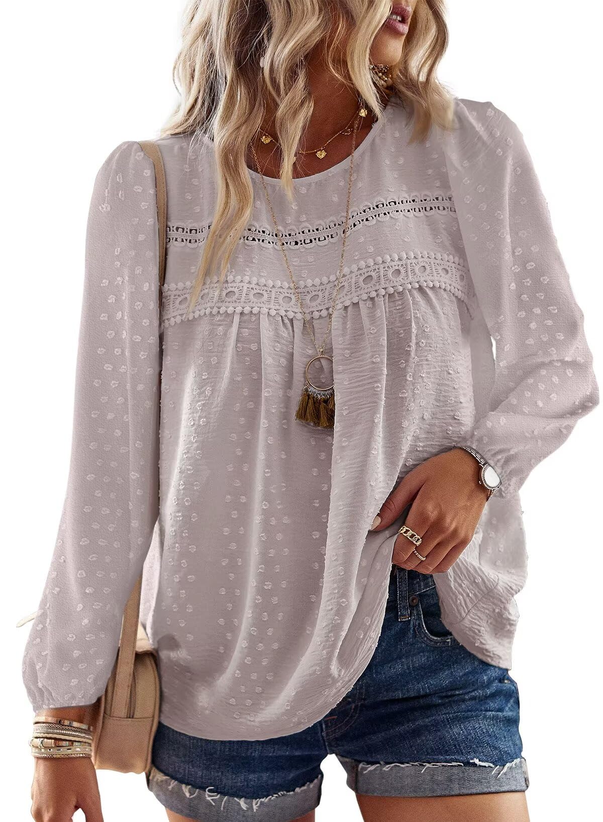 Falechay Womens Tops Flowy Boho Dressy Casual Lace Cute Long Sleeve Shirts