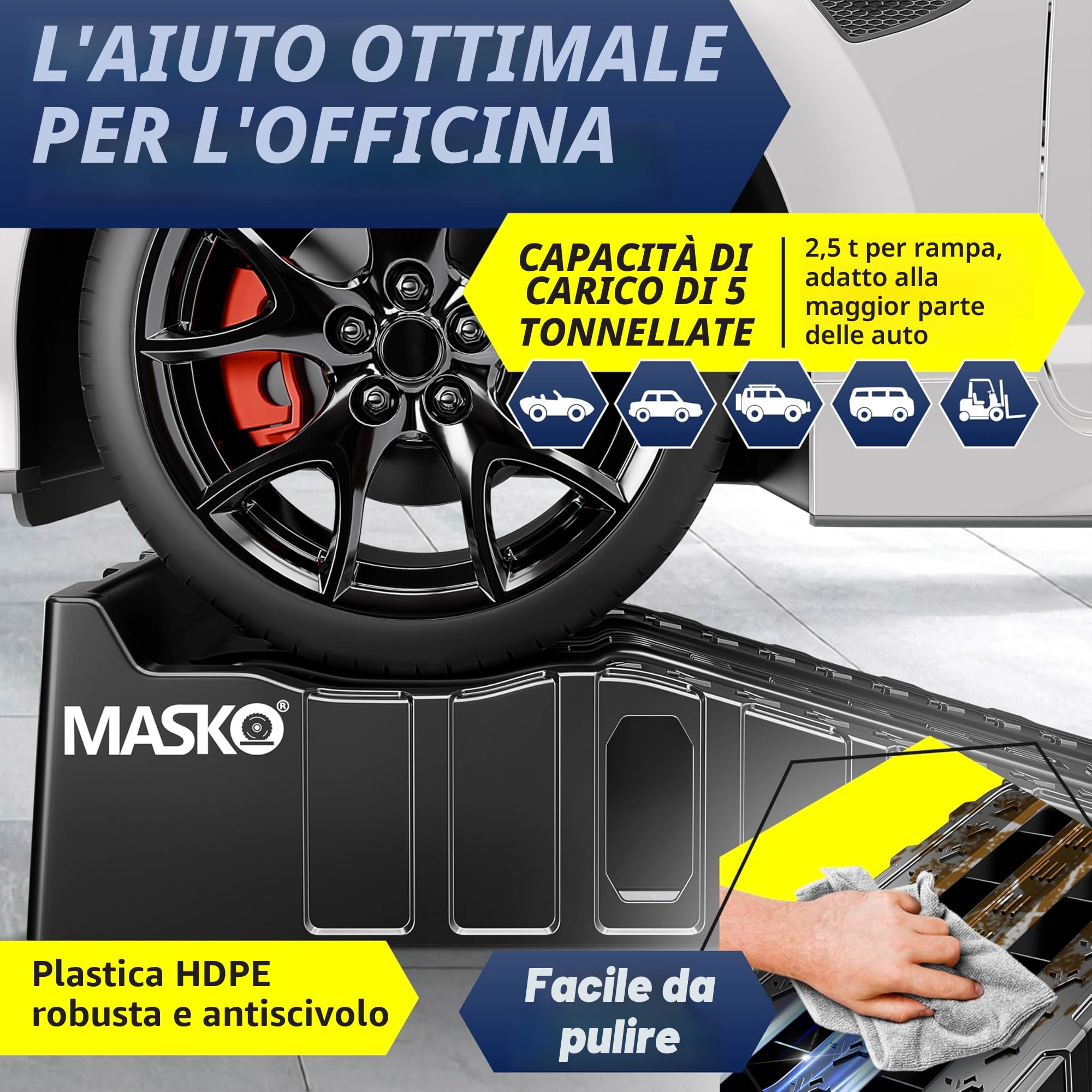 MASKO® Set di 2 Rampe di Carico fino a 5 Tonnellate di Capacità di Caric, Rampa Auto con Protezione Anti-Tip, Antisdrucciolo, Stabile, Ramp Extra Larga