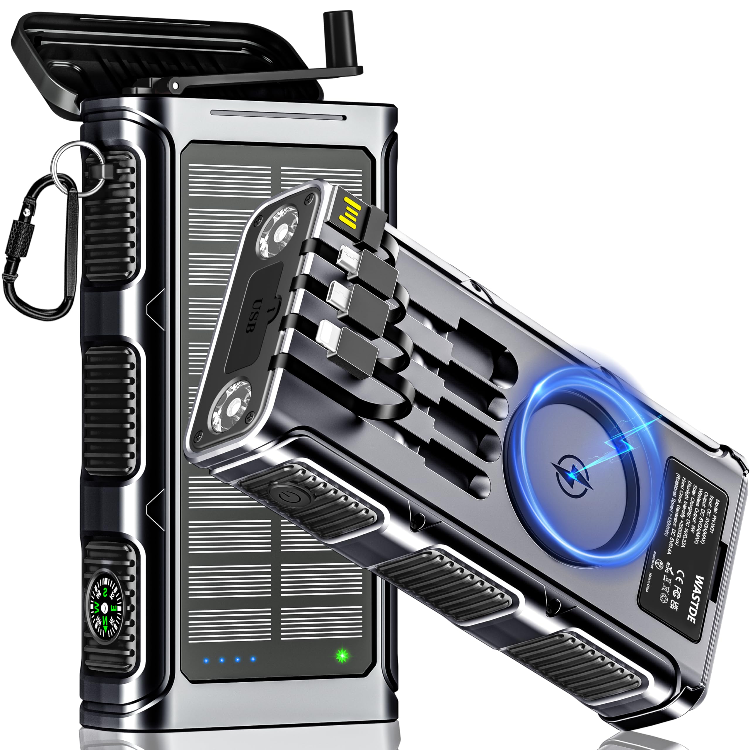 Power Bank Solare 26800mAh, Powerbank Wireless con Carica Solare, Manovella e 4 Cavi, Power Bank USB-C Ricarica Rapida 7 Uscite e 5 Ingressi per Telefono, Batteria Esterna Impermeabile per Campeggio