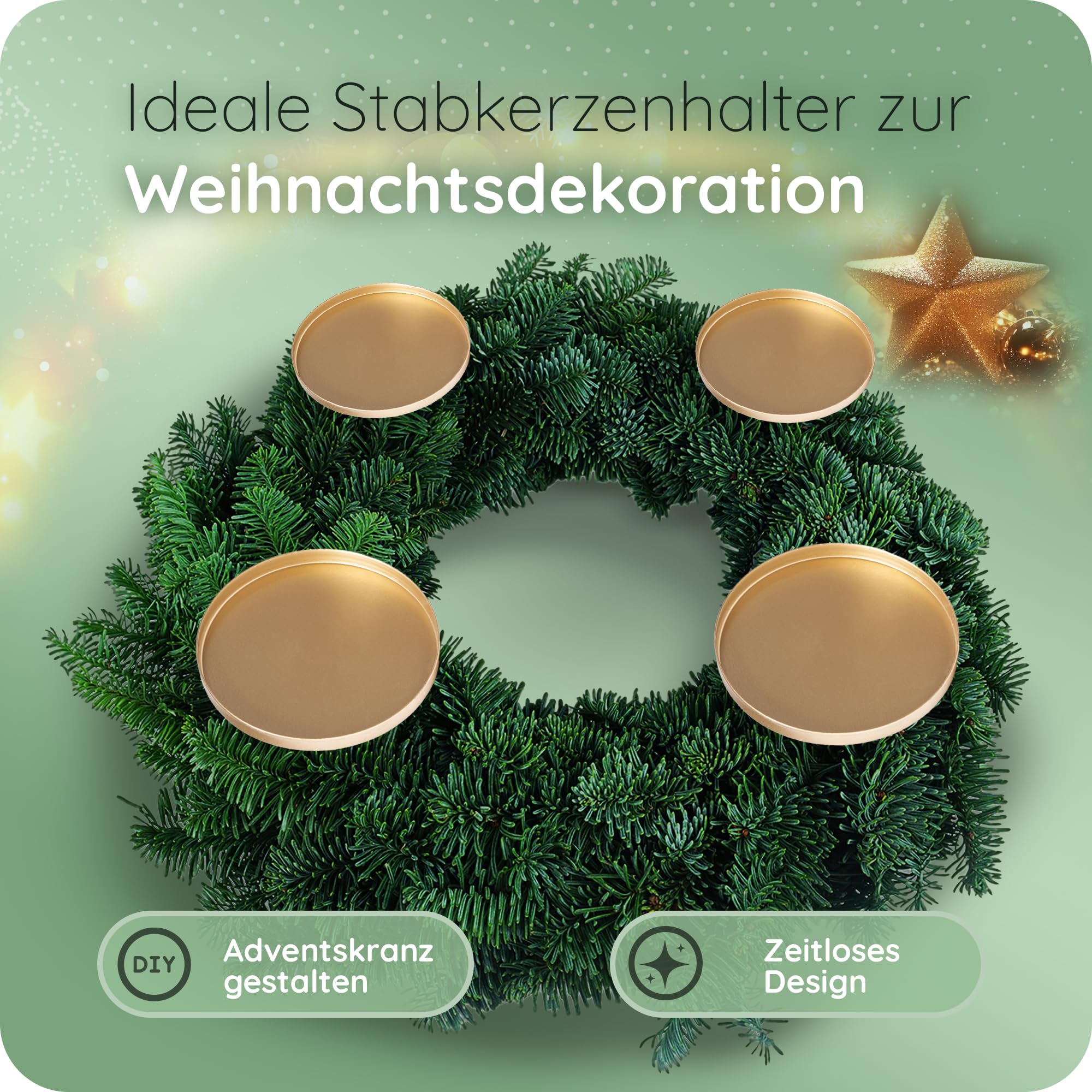 Novaliv 12X Kerzenpick Flach Gold 10cm Durchmesser I Kerzenteller mit Dorn Metall I Adventskerzenhalter Weihnachtsdekoration Kerzenpin I Kerzenstecker für Adventskranz