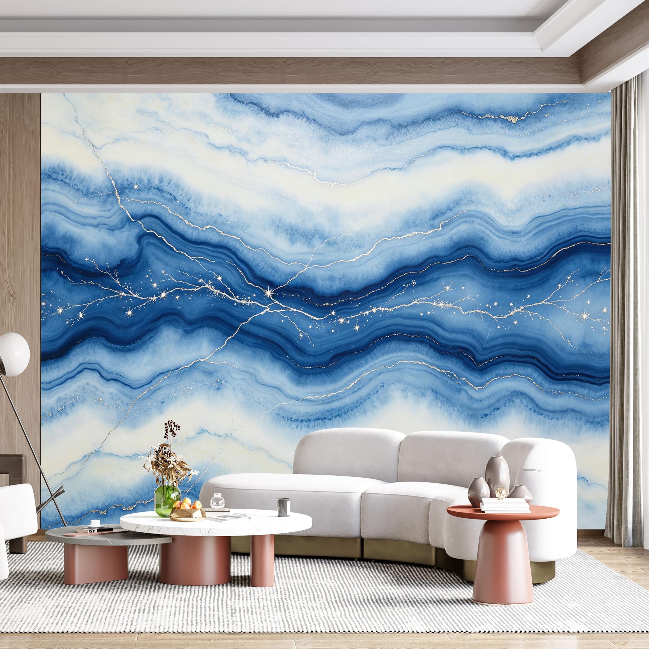 Custom Size Wall Mural Blue Agate Marble Swirl Glitter Watercolor Texture SelfAdhesive Wall Fabric Removable for Home Office Decor