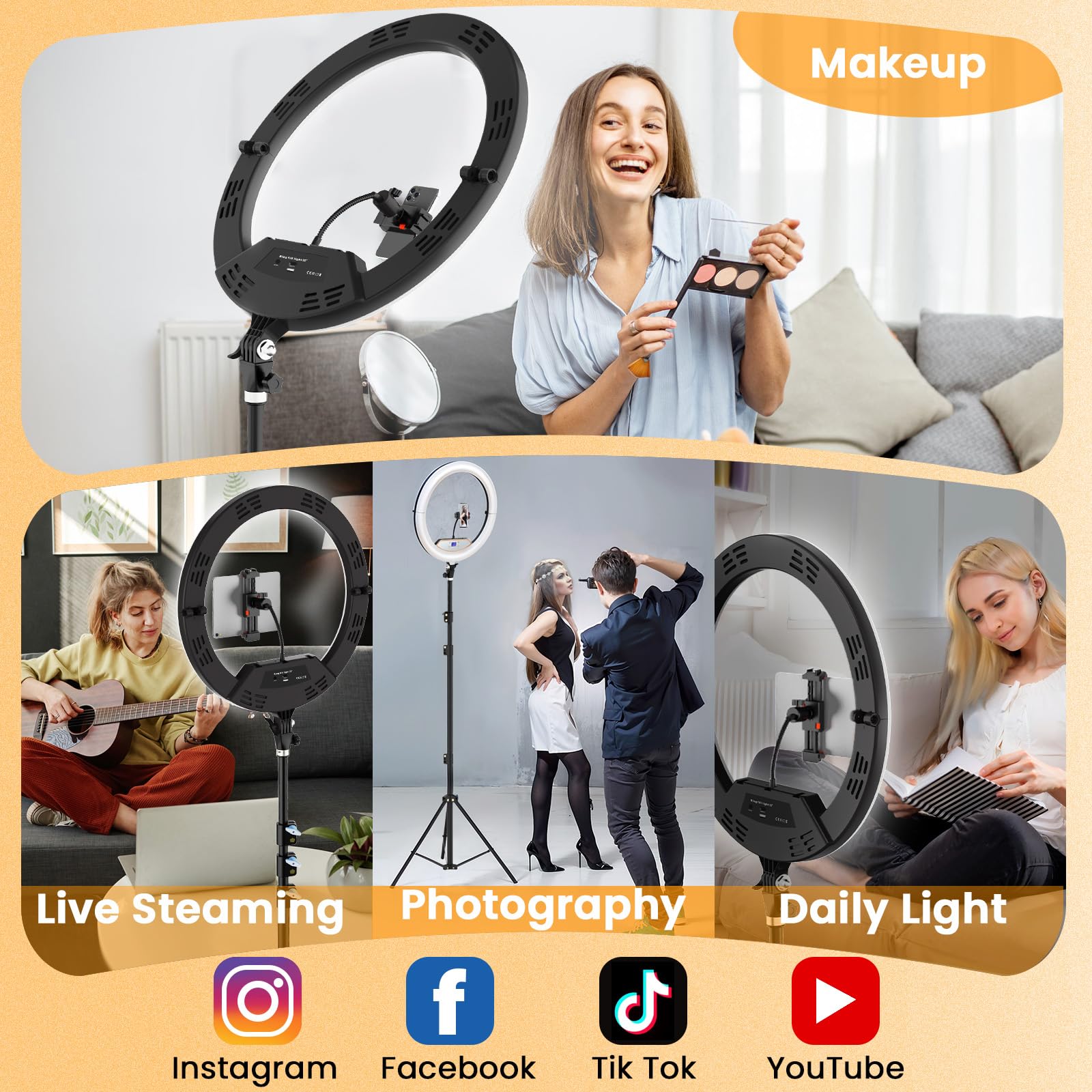 22 Zoll großes Ringlicht mit Ständer, verbesserte Faltbare LED großes Ringlicht mit 75 Zoll Stativ und Mini Stativ Rad Schublade für Live-Tattoo Make-up Videoaufnahme Friseur Fotografie