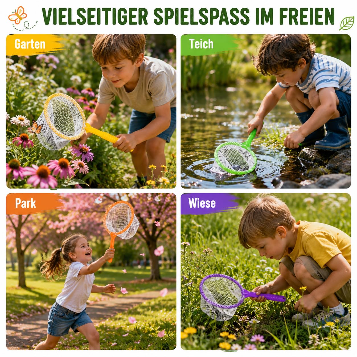 4 Stück Fischernetz, Kunststoff-Fischernetze, Insektenfängernetze, Farbige Schmetterlingsnetz, Kleine Kescher, Insektenfängernetze zum Fangen von Käfer für Outdoor Aktivitäten an Strand und Pool