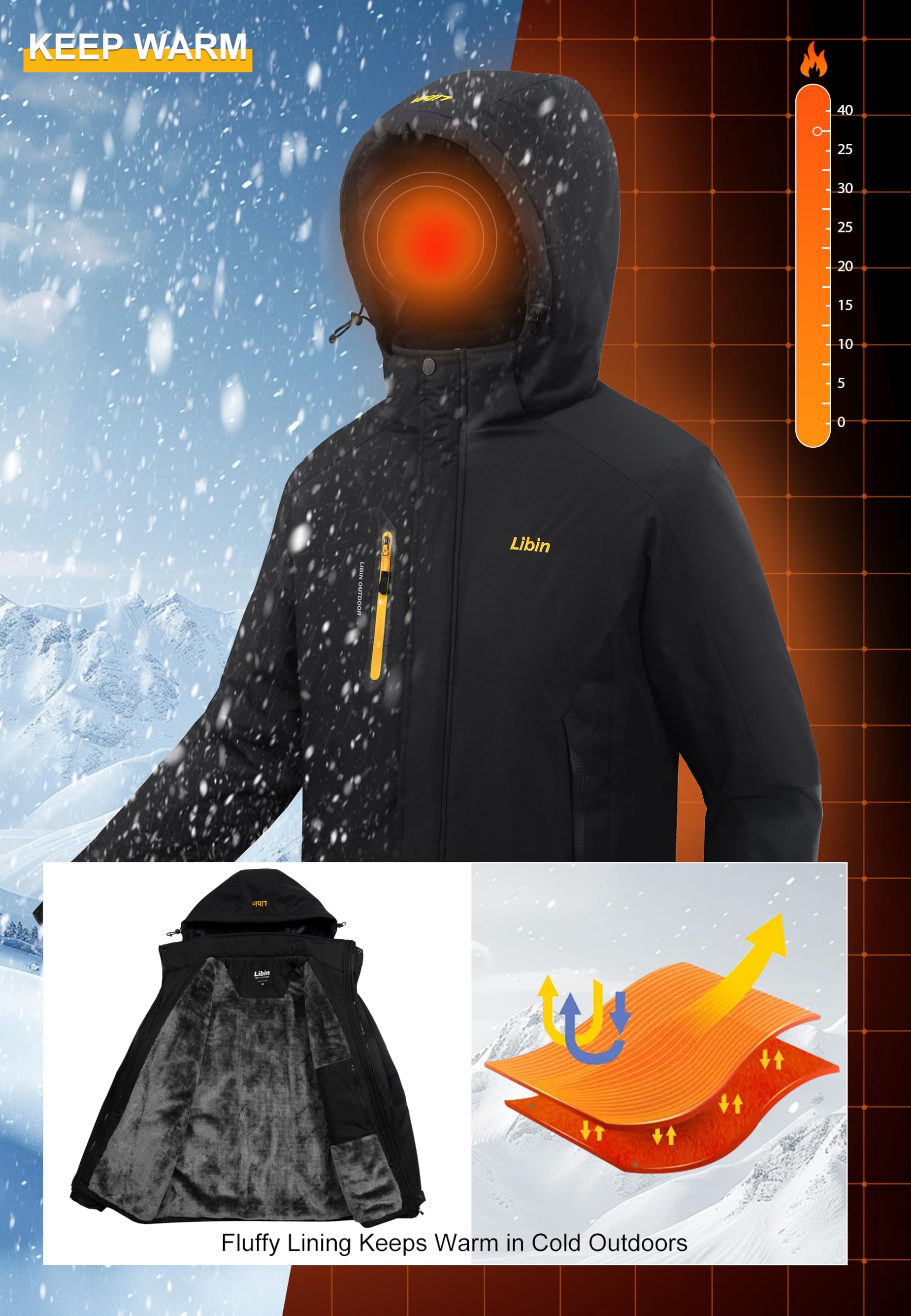Libin Giacca da sci da uomo, calda, invernale, da snowboard, softshell per attività all'aria aperta, impermeabile, traspirante, da trekking, snowboard, da uomo, da montagna