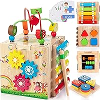 Bravmate 8-in-1 Wooden Montessori Activity Cube for Toddlers 18M+ - Bead Maze, Xylophone, Shape Sorter, Bonus Stacking Board Gift