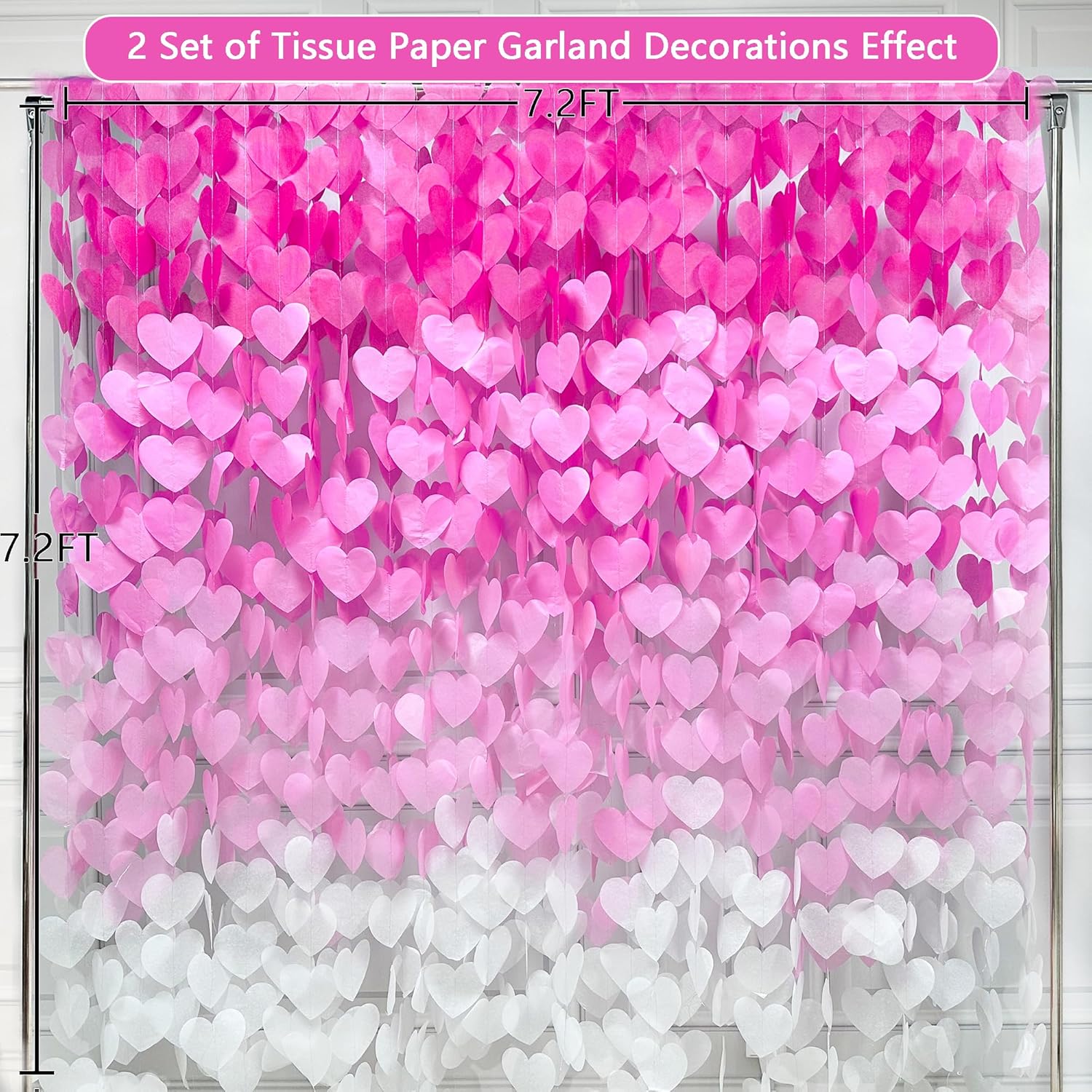 205 Ft Hot Pink Party Decorations Ombre Pink White Heart Backdrop Streamer Tissue Paper Heart Hanging Garland for Birthday Bachelorette Valentines Day Wedding Bridal Shower Engagement Party Supplie - Image 3