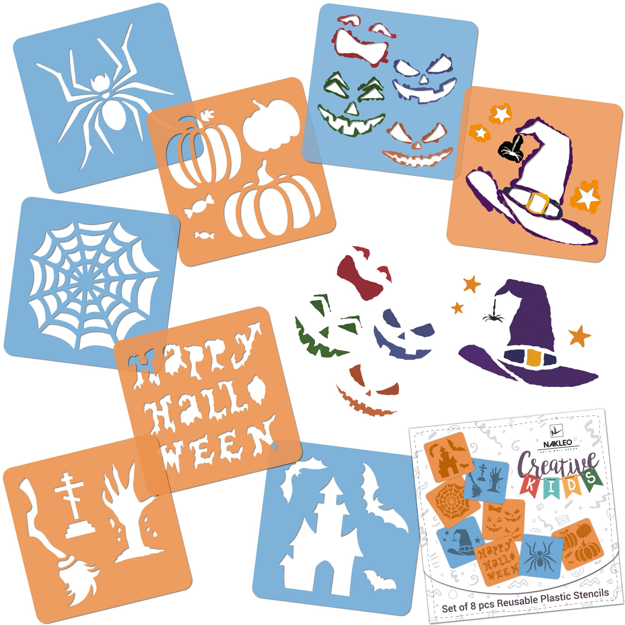 NAKLEO Painting Stencils for Kids 8 Pcs Set 15x15cm Halloween, Children Creative Drawing Templates Plastic and Reusable