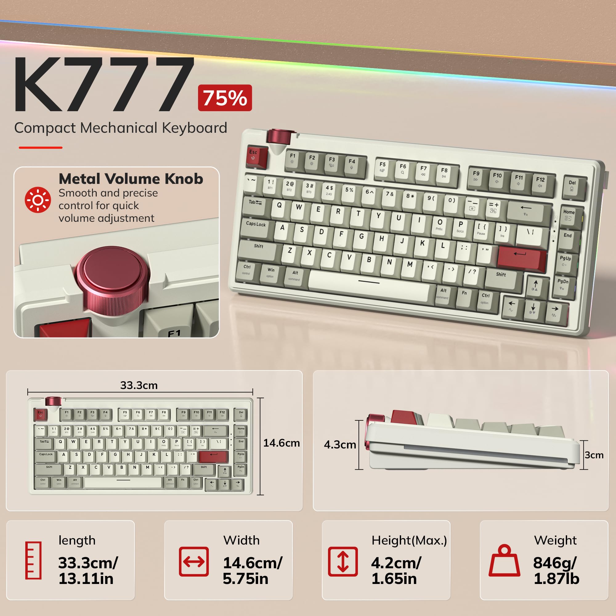 Redragon K777 - Tastiera meccanica da gioco wireless al 75%, sostituibile a caldo, con manopola, suono cremoso Thocky, tri-mode BT5.0/2,4 GHz/USB-C, North-Facing RGB, per PC e Mac (grigio e beige)