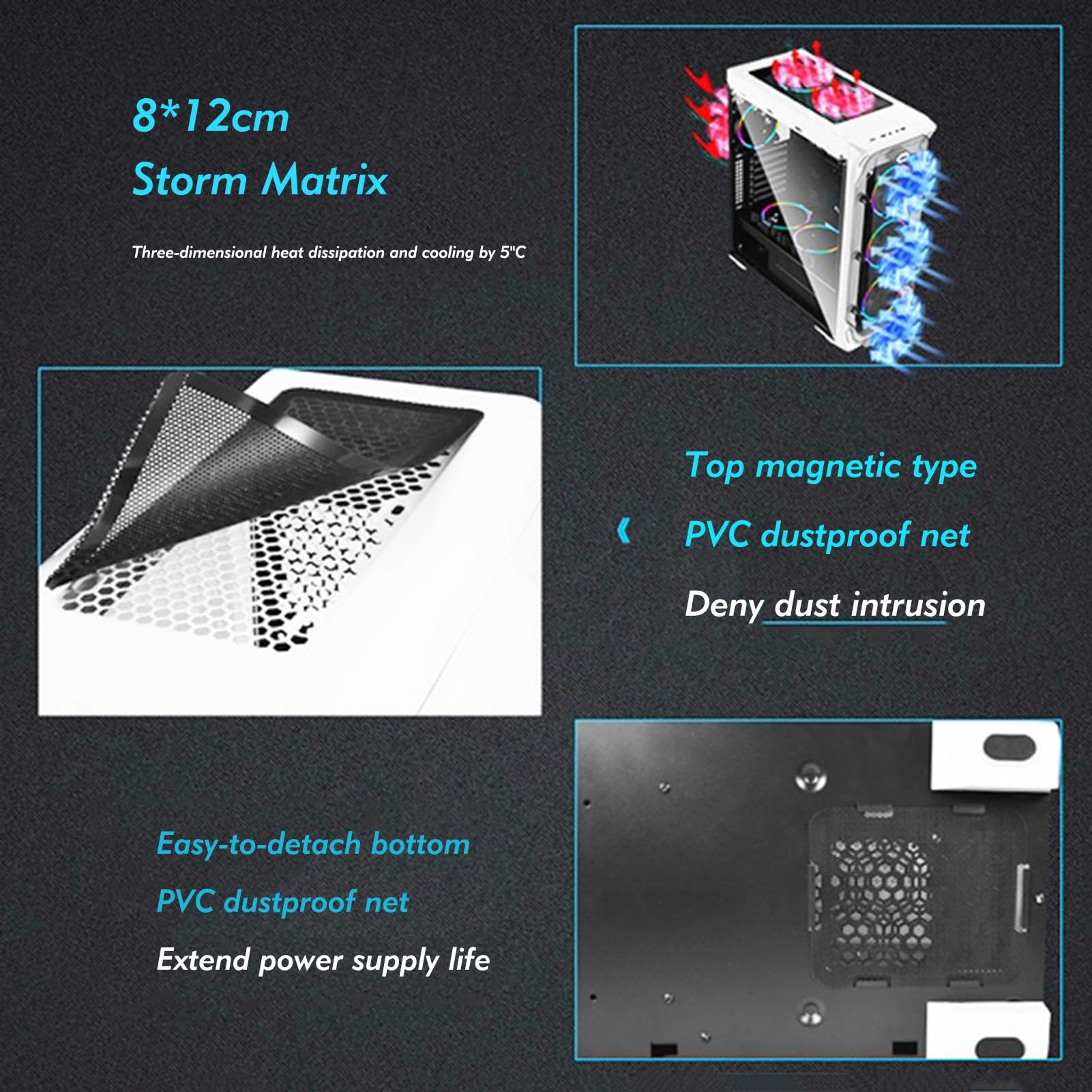 Obudowa do gier komputerowych, Obudowa Mid-Tower ATX/M-ATX/ITX, 8 wentylatorów, Obsługuje chłodzenie wodne, Dwustronny panel akrylowy, Górny panel I/O, USB3.0
