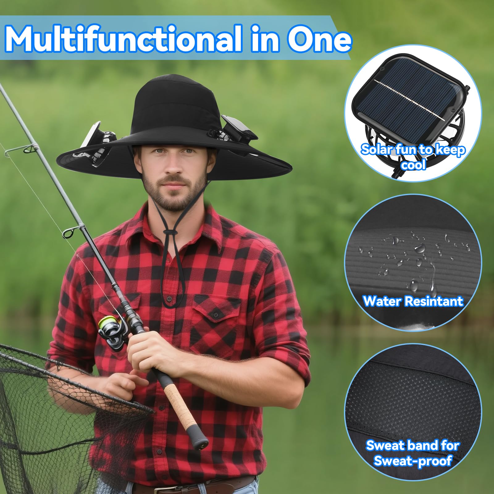 Hut mit Ventilatoren, solarbetrieben, breite Krempe, Sonnenhut mit 2 Ventilatoren, zwei Stromversorgungsmodi, Outdoor-Solarbetrieben und USB-Aufladung, Fischerhut für Männer und Frauen, solarbetrieben