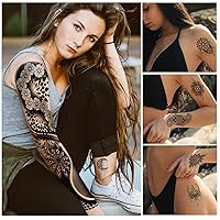 Vista 4 de 48 hojas de tatuajes temporales para mujeres y niñas, diseño de mandala floral, bohemio, manga completa, tatuajes falsos negros, calcomanías