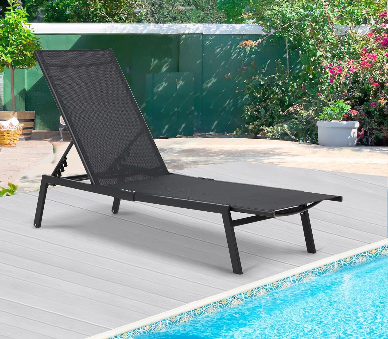 YODOLLA Chaise Lounge Chair for Outdoor with Mesh Seat, 5 Position Adjustable Pool Lounge Chair with Wheels, High Back Adjustable Reclining Chair for Patio,Yard,Pool,Deck,Black