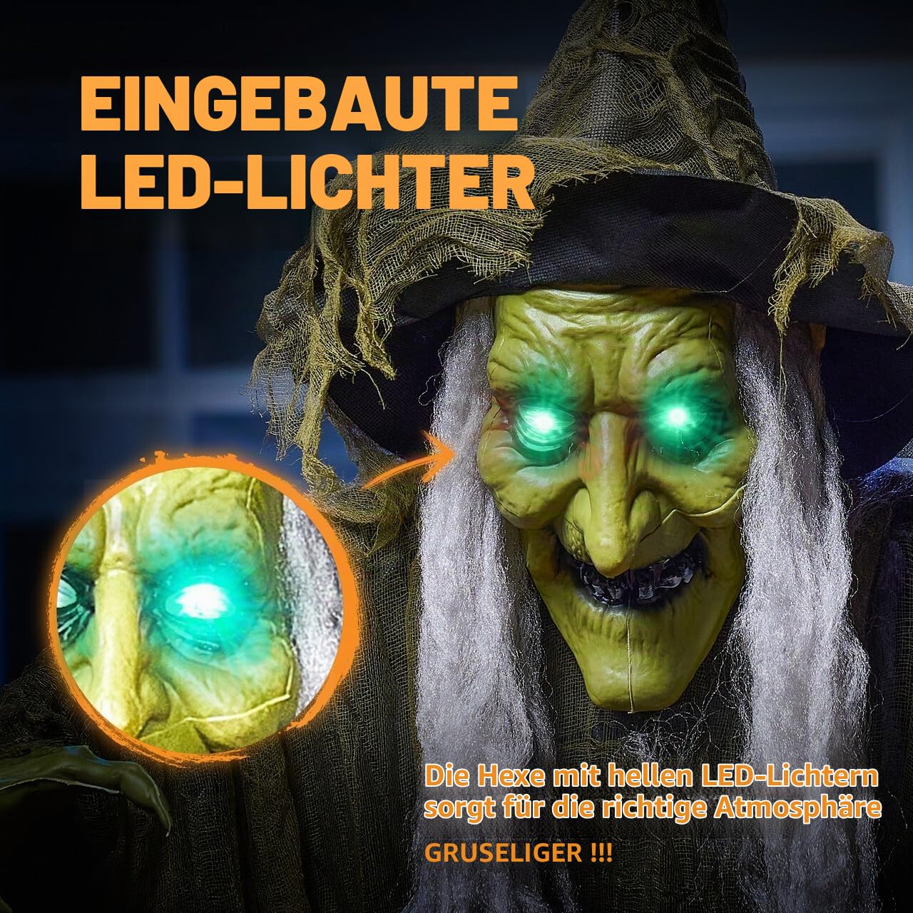 JOYIN Halloween Hexen Dekoration zum Aufhängen, 170 cm, braunes zerlumptes Gewand, mit Licht und Ton (durch Ton aktiviert), gruselige, animierte Halloween Dekoration für Party-Requisiten im Freien