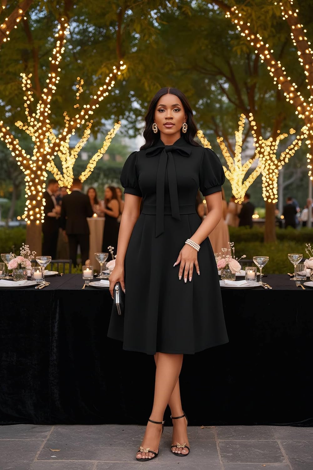 Nmoder Midi Dresses for Women, Semi-Formal Fit and Flare Tie Neck Puff Sleeve Elegant Cocktail Party Summer Short Dress - Image 3