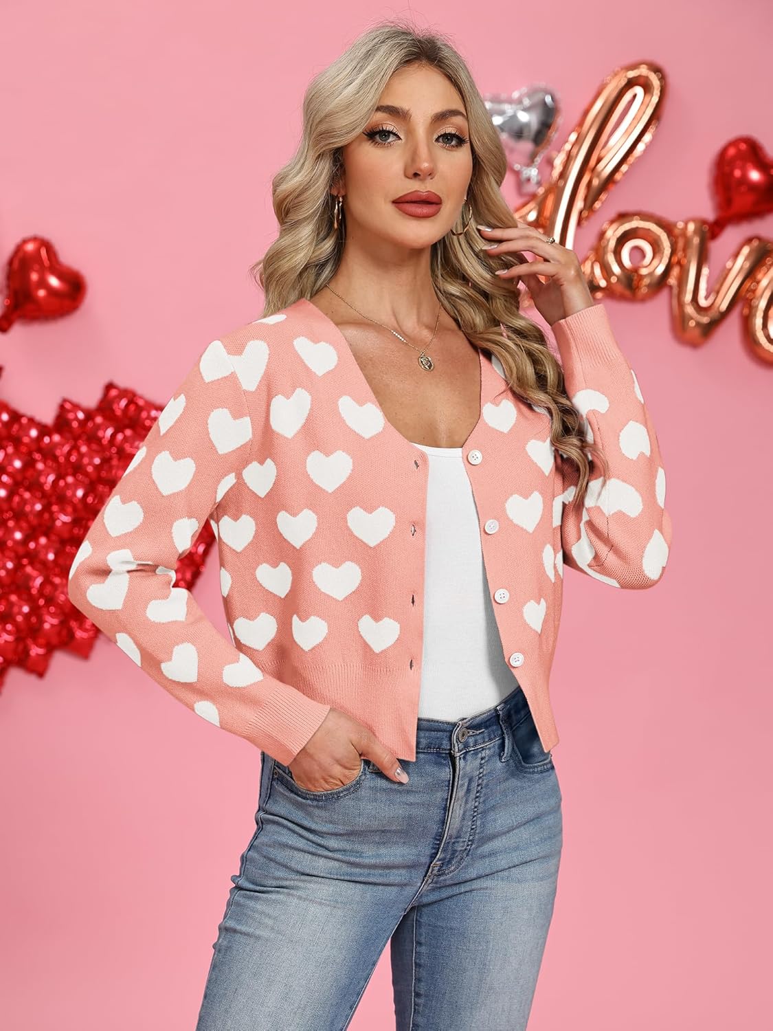 Cardigan Sweaters for Women V Neck Heart Embroidery Long Sleeve Button Down Tops Cozy Knit Crop Cardigans - Image 5