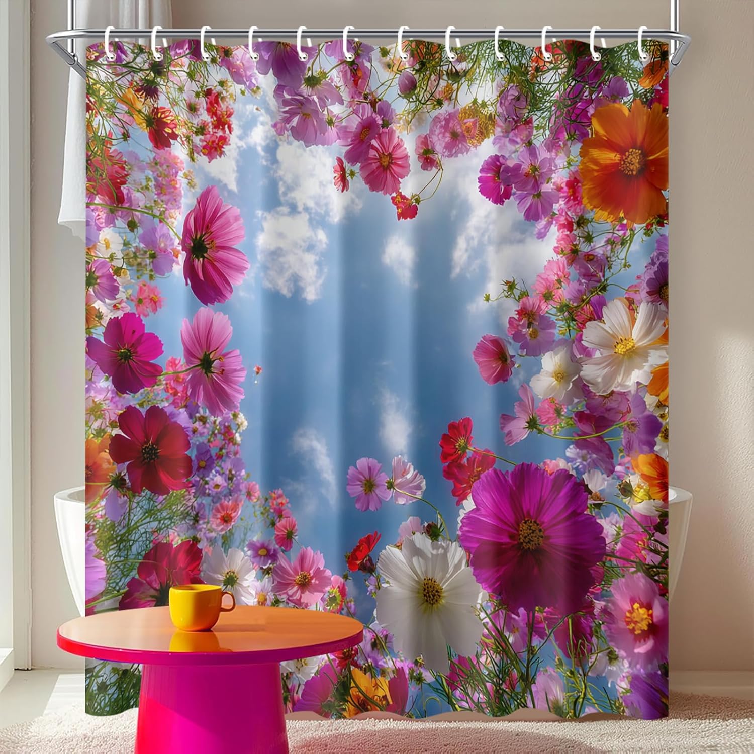 Floral Sky Shower Curtain 72x72 Inch with Hooks Colorful Cosmos Flower Field Looking Up at Blue Sky Design Fabric Bathroom Decor for Cottagecore Garden Boho Lovers Bathtub