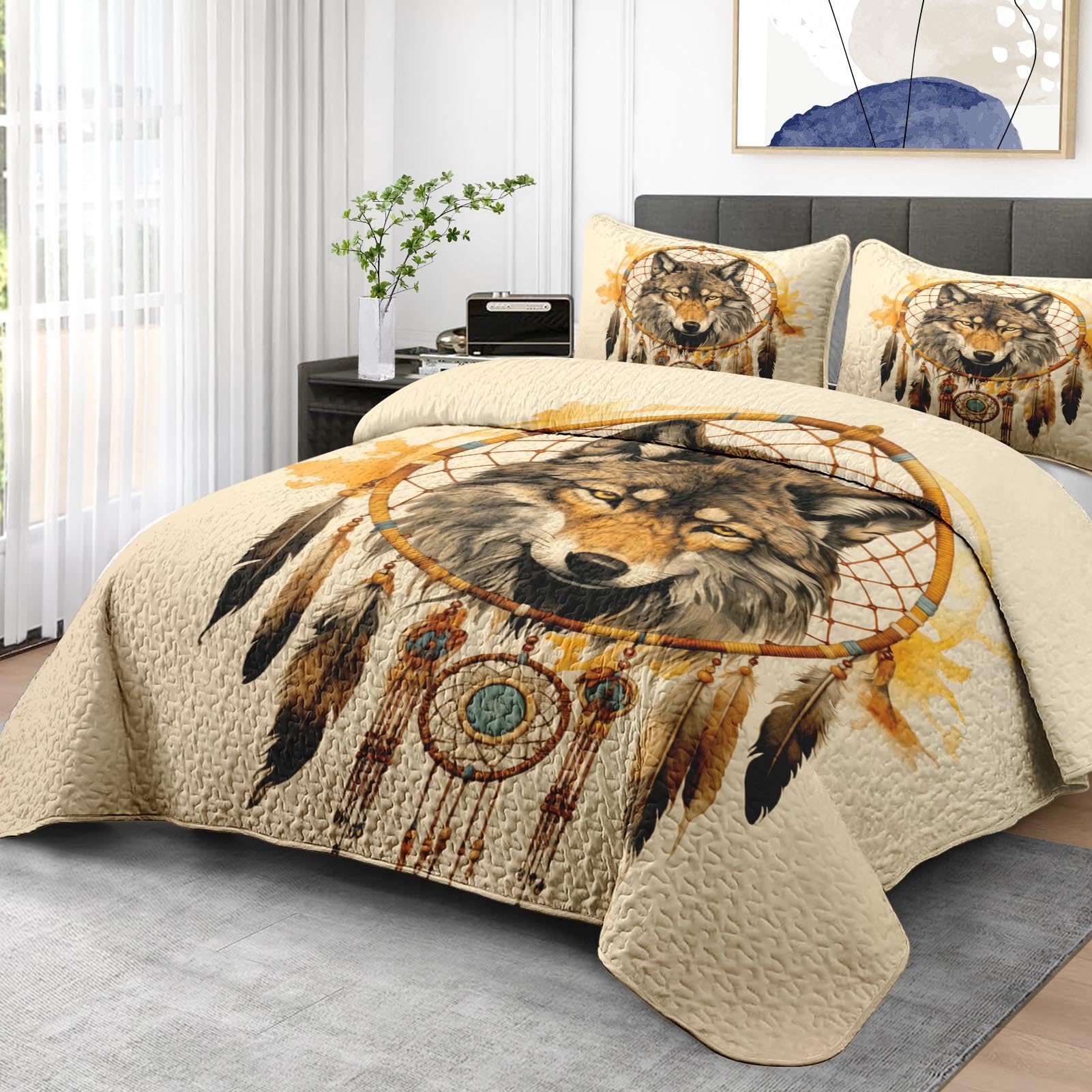 Pamnest Quilt Set Full/Queen Size, Colorful Tribal Wolf 3 Pcs Soft Bed Cover Bedding Set for Kids and Adults, American Boho Feather Dog Lightweight Bedspread Coverlet with Pillow Sham for All Season